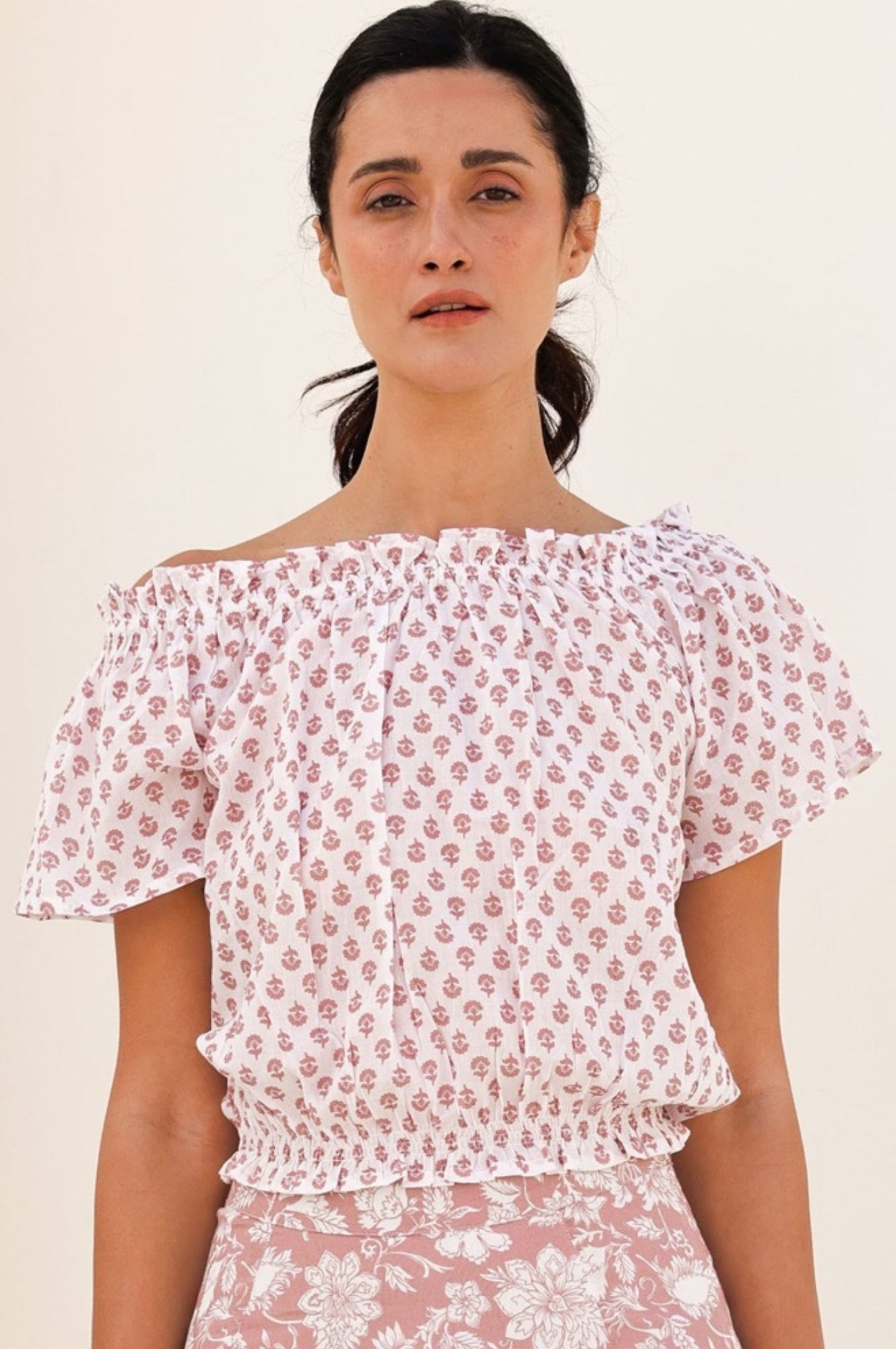Ilana Printed Organic Cotton Top for Women | Lixus Flower White/Dusty Pink | Casual Wear, Summer Outfits, Boho Style