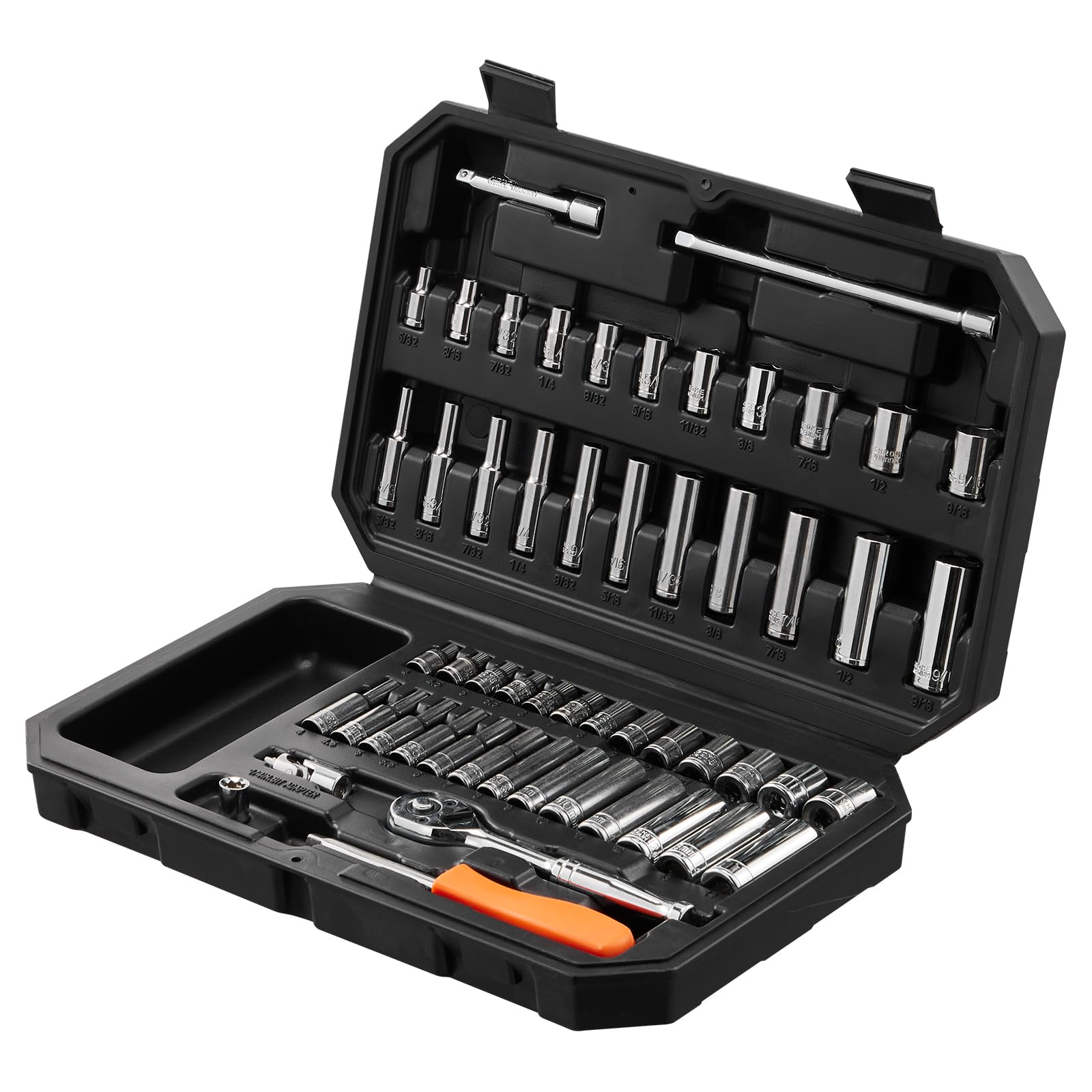 VEVOR 54-Piece 1/4 Inch Drive Socket and Ratchet Set - SAE & Metric 6-Point Deep/Standard Sockets (5/32-9/16 in, 4-14 mm) with Accessories & Storage Case - Perfect for Automotive Repair, DIY Projects, and Home Maintenance