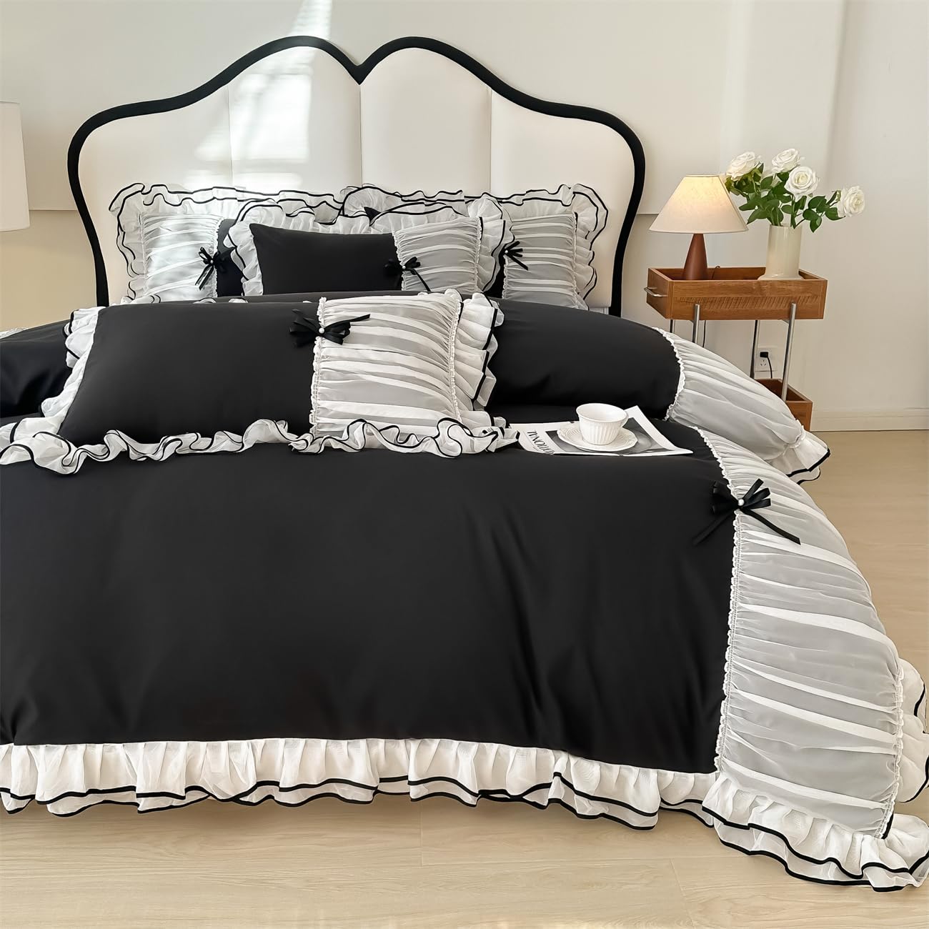 IHOUSTRIY Queen Size Duvet Cover Set for Girls - 3 Piece Ruffled Bedding with Bowtie Design, Zipper Closure & Matching Pillowcase (Black) | Perfect for Teen Girls' Bedrooms, Dorm Rooms & Gift Giving