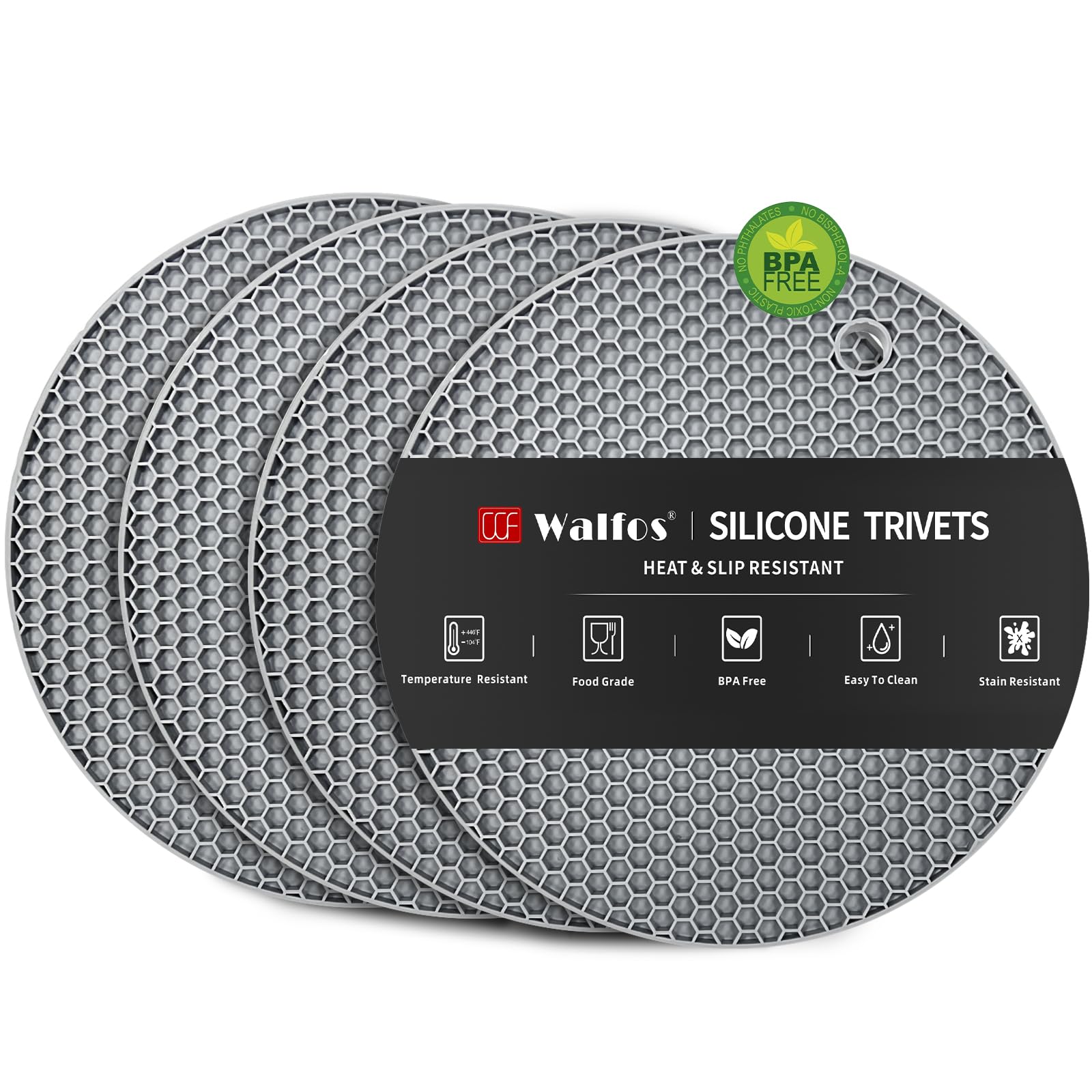 Walfos Silicone Trivet Mats - Set of 4 Heat Resistant Kitchen Potholders, Non-Slip Hot Pads for Cooking, Serving & Protecting Countertops | BPA-Free Food Grade Silicone | Perfect for Hot Dishes, Jar Opening & Utensil Holding (Round)