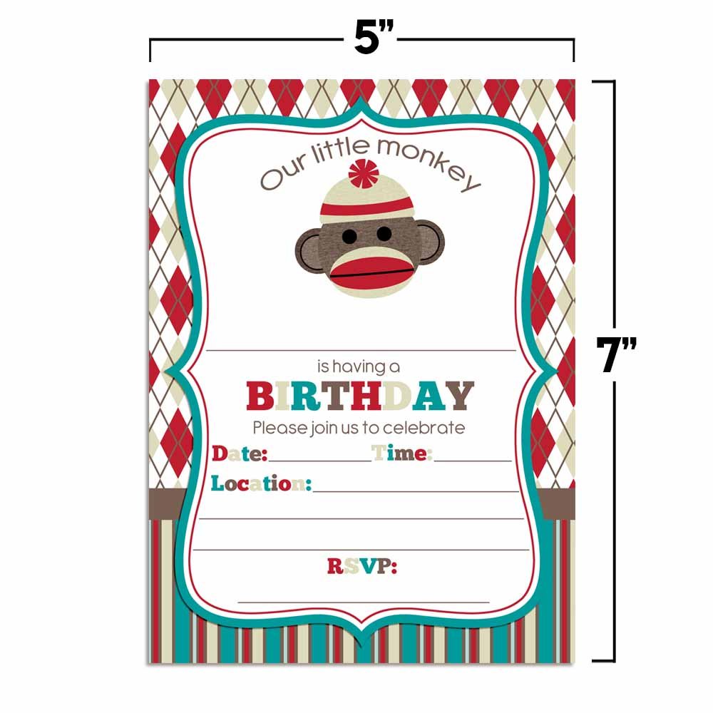 Amanda Creation Sock Monkey Birthday Party Invitations - 20 Pack 5x7 Fill-in Cards with White Envelopes | Perfect for Kids Birthday Parties, Baby Showers & Themed Events