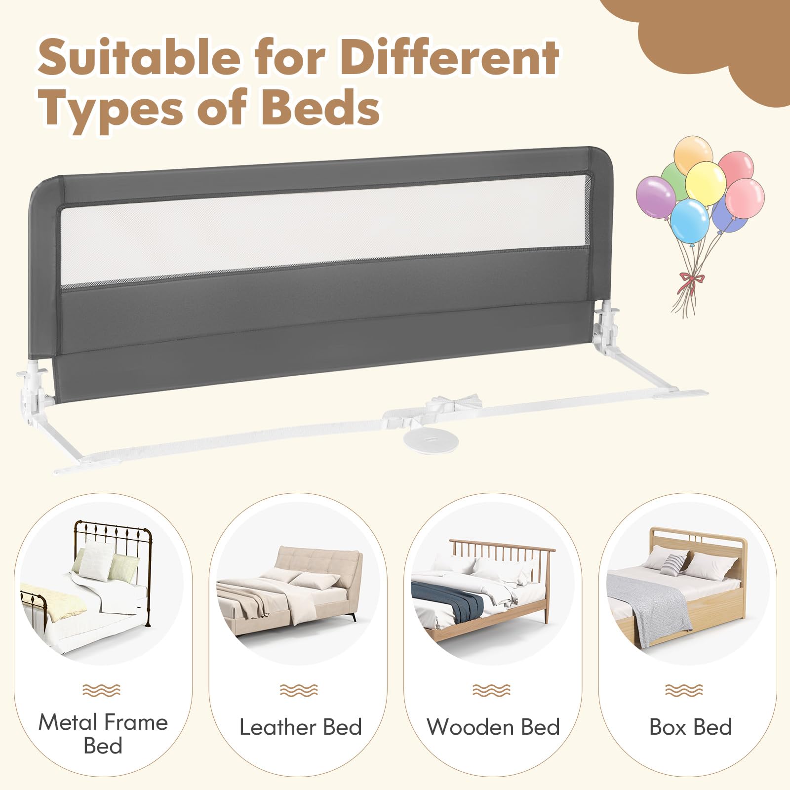 Costzon Extra Long Swing Down Bed Rail for Toddlers - 2 Pack Safety Bed Guards with Straps, Fits Convertible Crib, Twin, Full, Queen & King Size Beds - Foldable Baby Bed Rail (59 Inch, Gray) - Perfect for Toddler Safety & Transition from Crib to Big Kid Bed