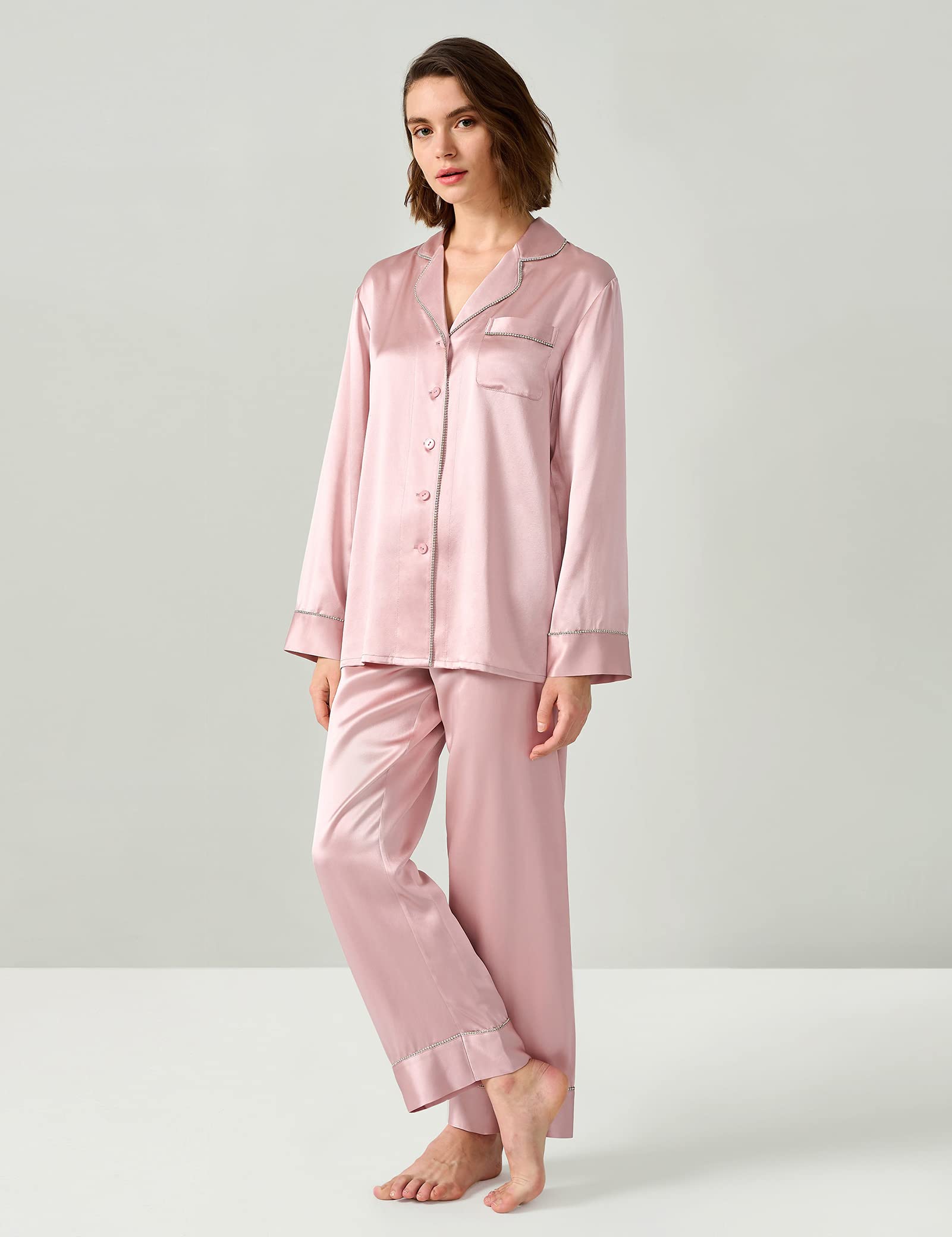 LilySilk Women's 100% Pure Silk Pajama Set with Rhinestone Trim - Long Sleeve Button Down Sleepwear & Loungewear for Luxury Comfort at Home or Travel