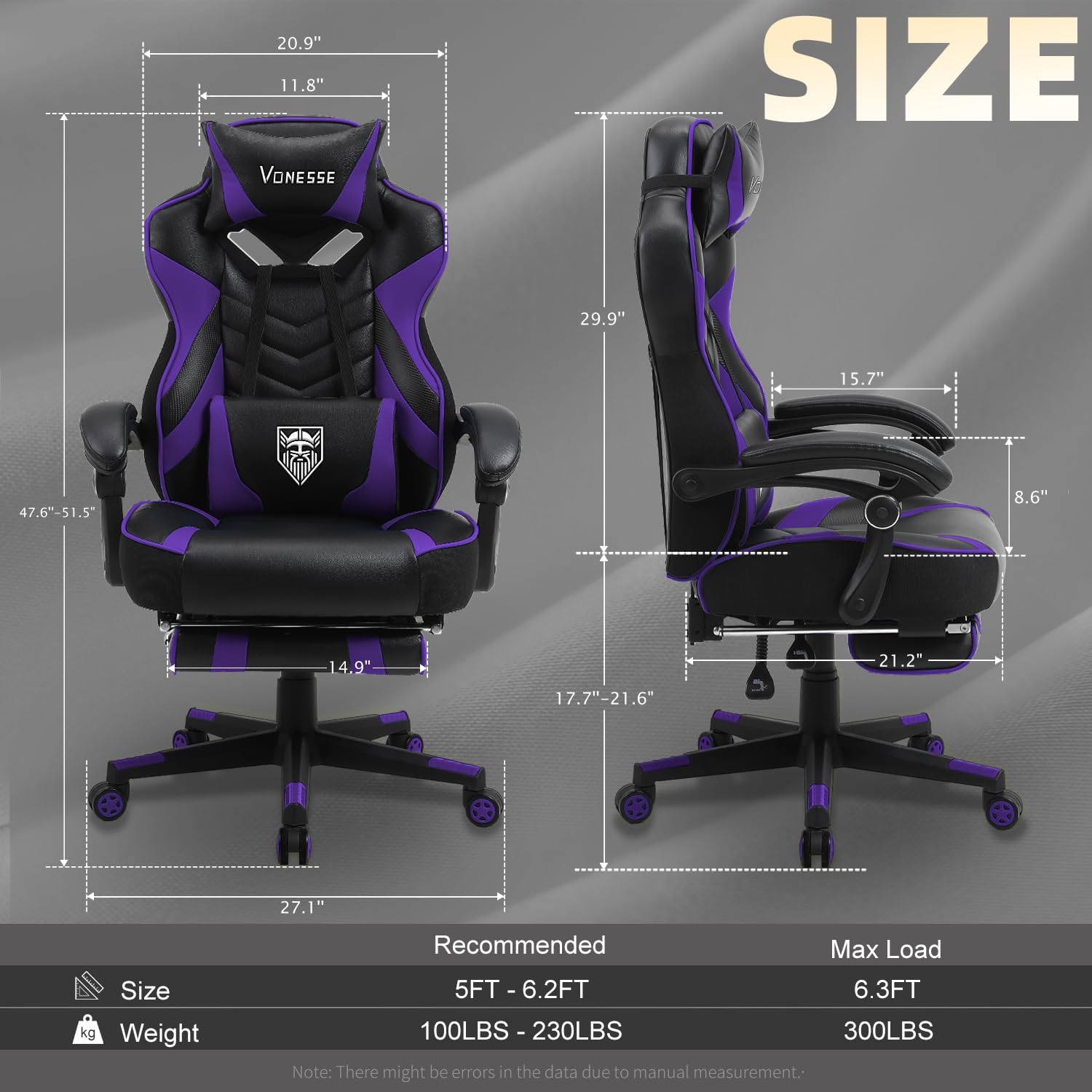 Vonesse Ergonomic Gaming Chair for Adults - High Back Computer Chair with Adjustable Footrest & Lumbar Massage, Reclining Office Desk Chair for Big and Tall Gamers (Purple/Black) - Perfect for PC Gaming, Streaming & Home Office Work