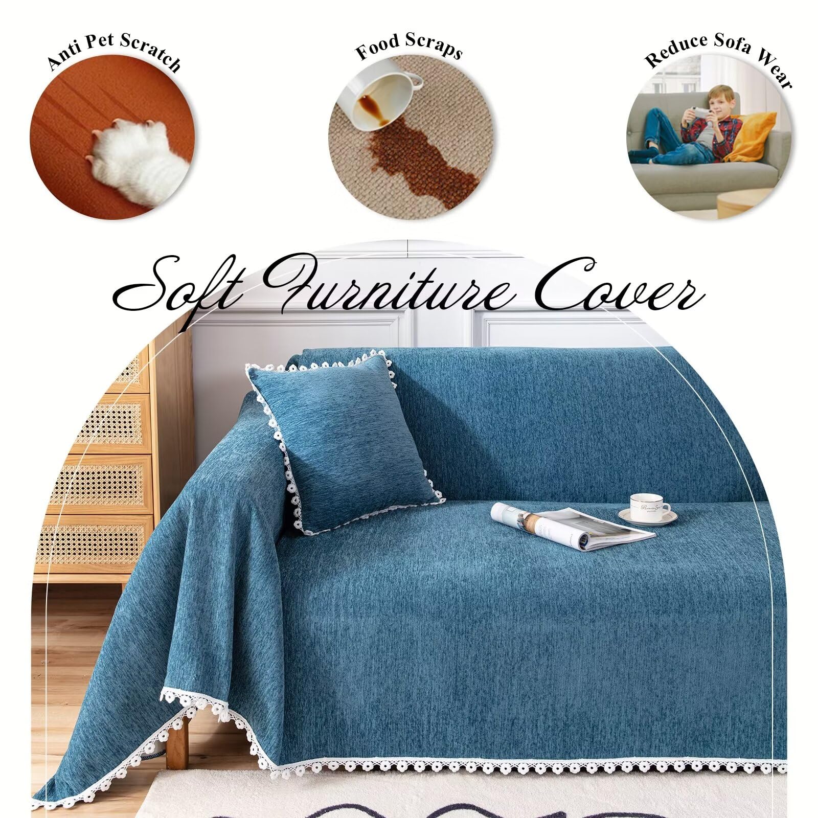 VClife Blue Chenille Sofa Cover for 2 Cushion Couches - Non-Slip Pet-Friendly Sectional Sofa Protector (71