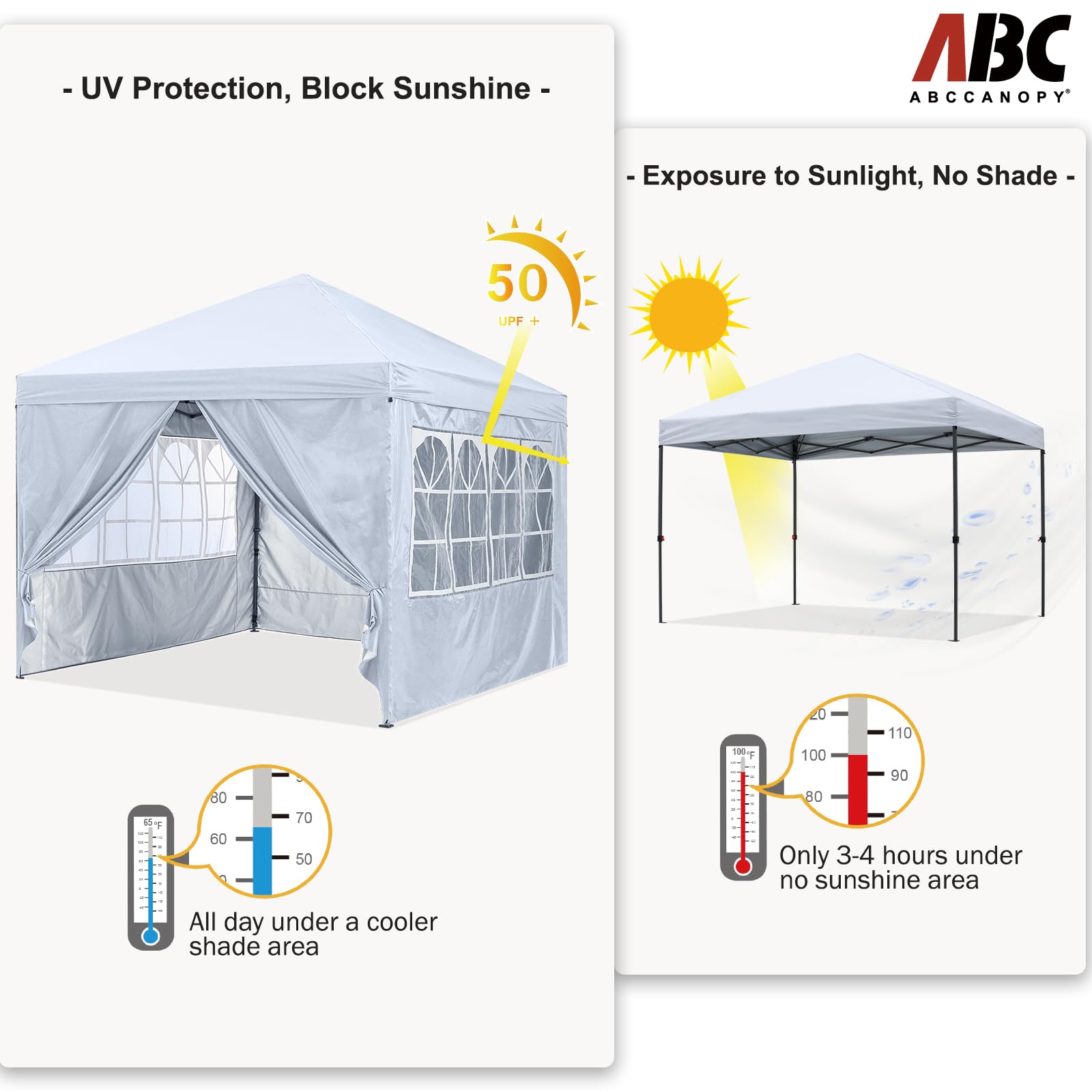 10x10 Pop Up Canopy Tent with Zippered Side Walls & Church Windows - Portable Instant Shelter for Outdoor Events, Parties, Camping - Includes 4 Weight Bags (White) | ABCCANOPY Weatherproof Gazebo for Backyard, Beach & Church Gatherings