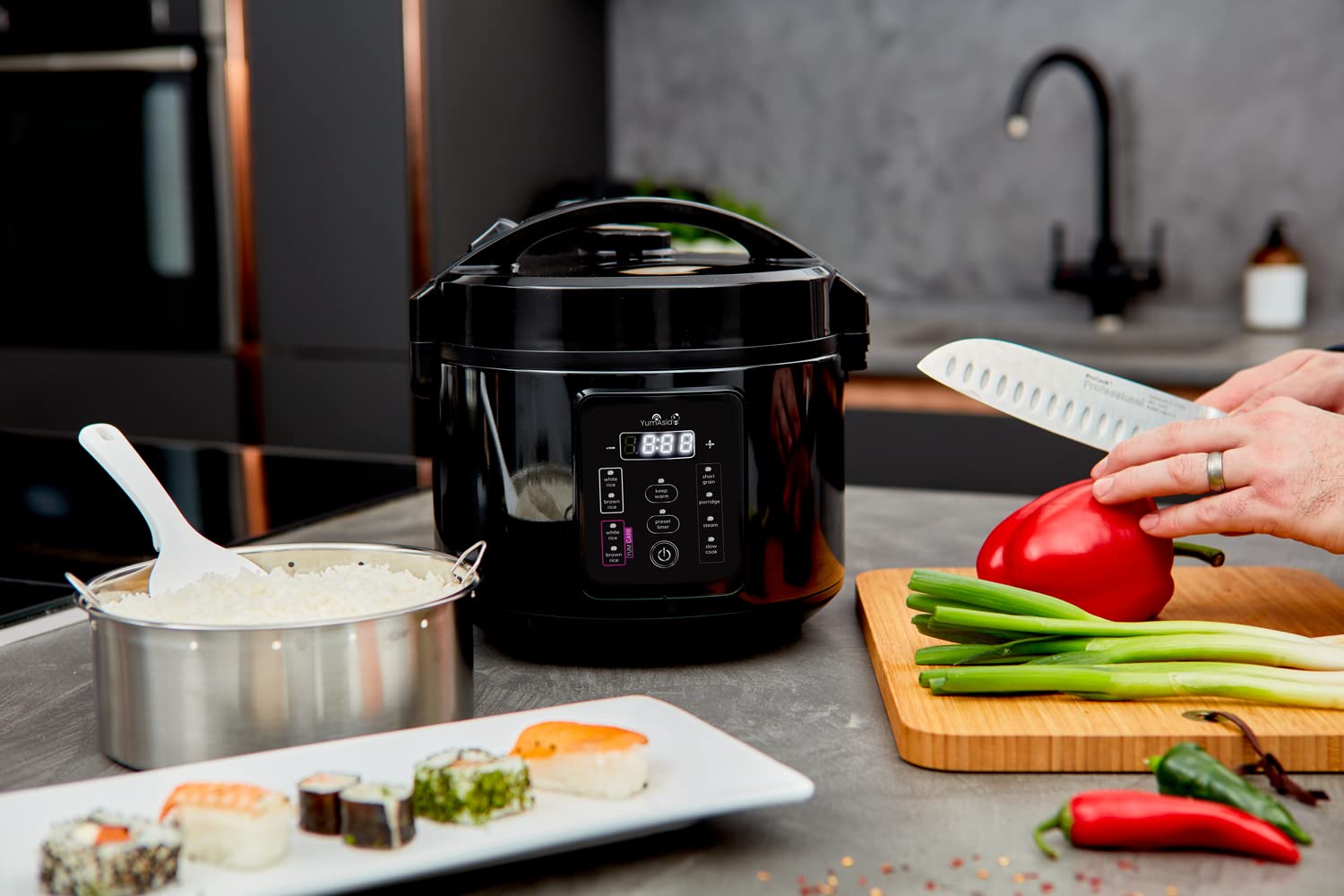 Yum Asia Kumo YumCarb 5.5 Cup (1 Liter) Rice Cooker with Ceramic Bowl - Fuzzy Logic Technology, 5 Rice Cooking & 3 Multicooker Functions, 110V US Plug (Dark Stainless Steel) - Perfect for Home Kitchens, Dorm Rooms & Small Families
