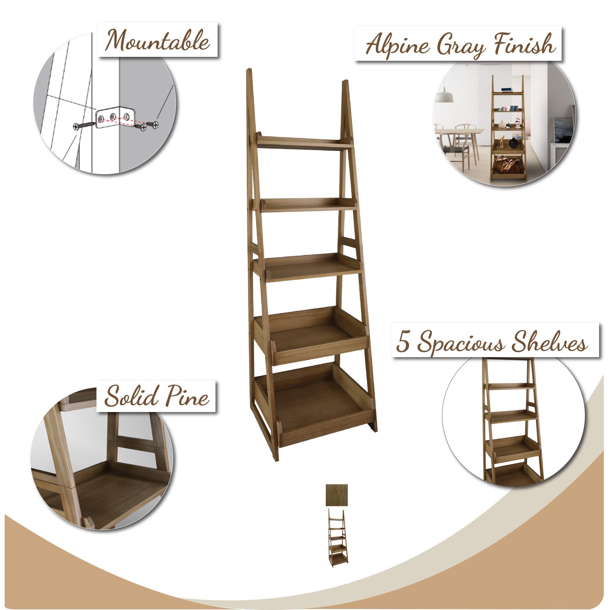5-Shelf Ladder Bookcase in Alpine Gray - Modern Wooden Storage Shelf for Living Room, Bedroom & Office - Perfect for Books, Decor & Organizing Small Spaces