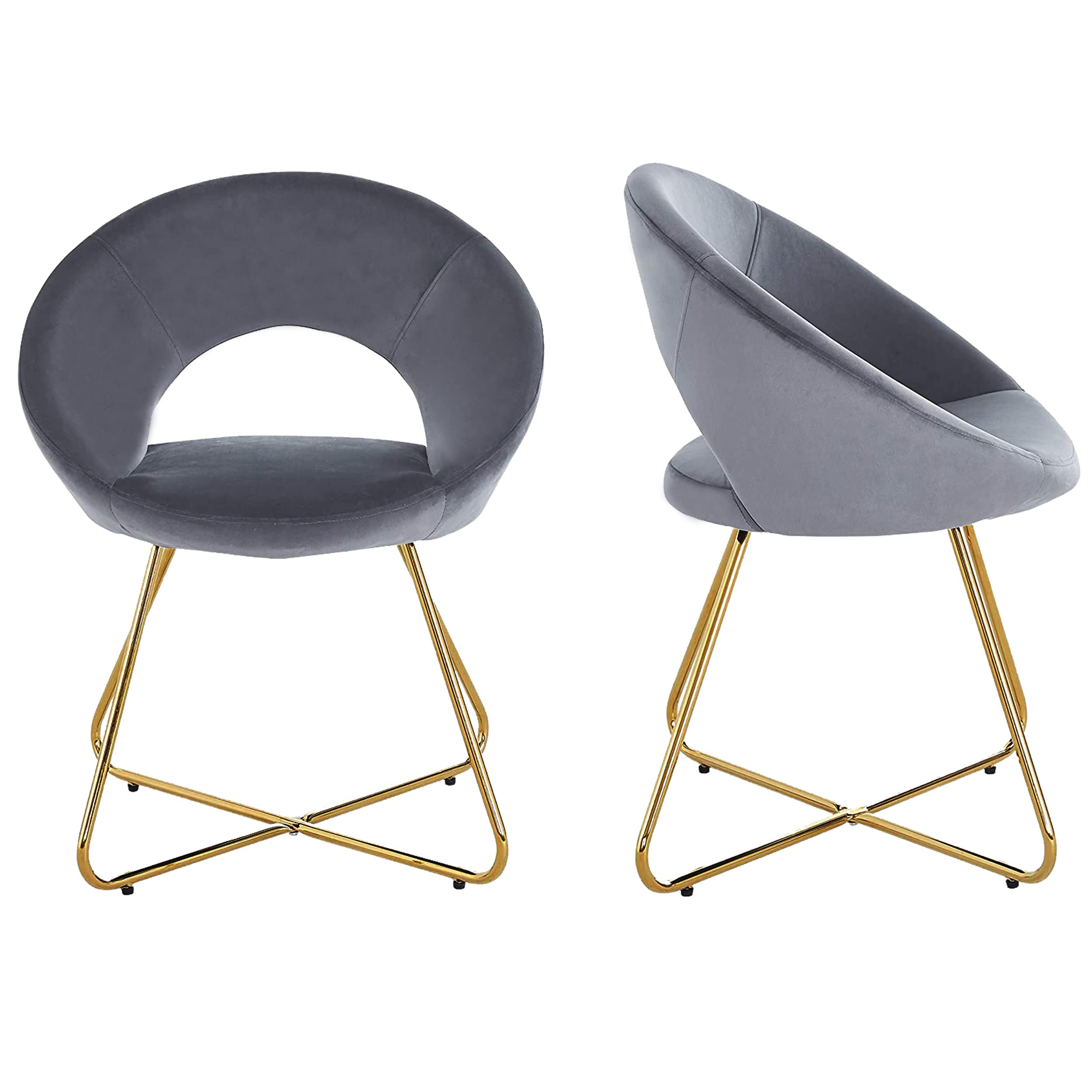 DRNCURN Set of 2 Modern Velvet Accent Chairs - Soft Upholstered Desk Chair & Vanity Stool with Gold Metal Base for Living Room, Bedroom, Dining Room & Home Office - Grey Velvet Comfort Seating for Makeup, Reading & Relaxing