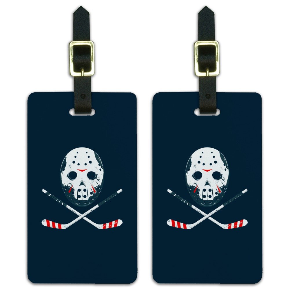 Hockey Mask Skull Crossbones Luggage ID Tags - Set of 2 for Travel, Suitcase, Backpack & Carry-On Identification | Durable & Unique Design for Sports Fans