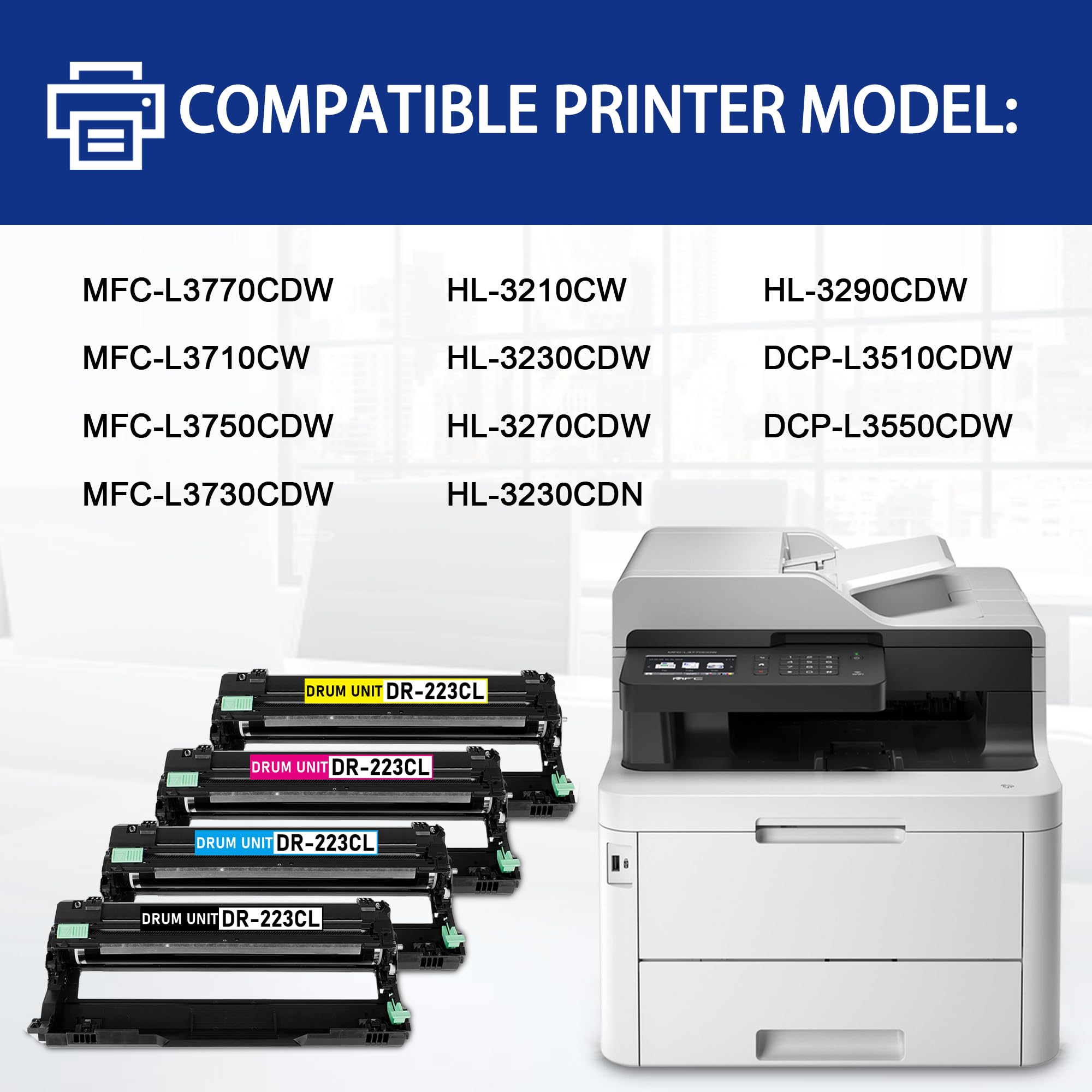 Brother DR223CL Drum Unit Replacement - 4 Pack (Black, Cyan, Magenta, Yellow) | Compatible with MFC-L3770CDW, MFC-L3750CDW, HL-L3290CDW, HL-L3230CDW Printers | Ideal for Office Printing & High-Volume Document Production