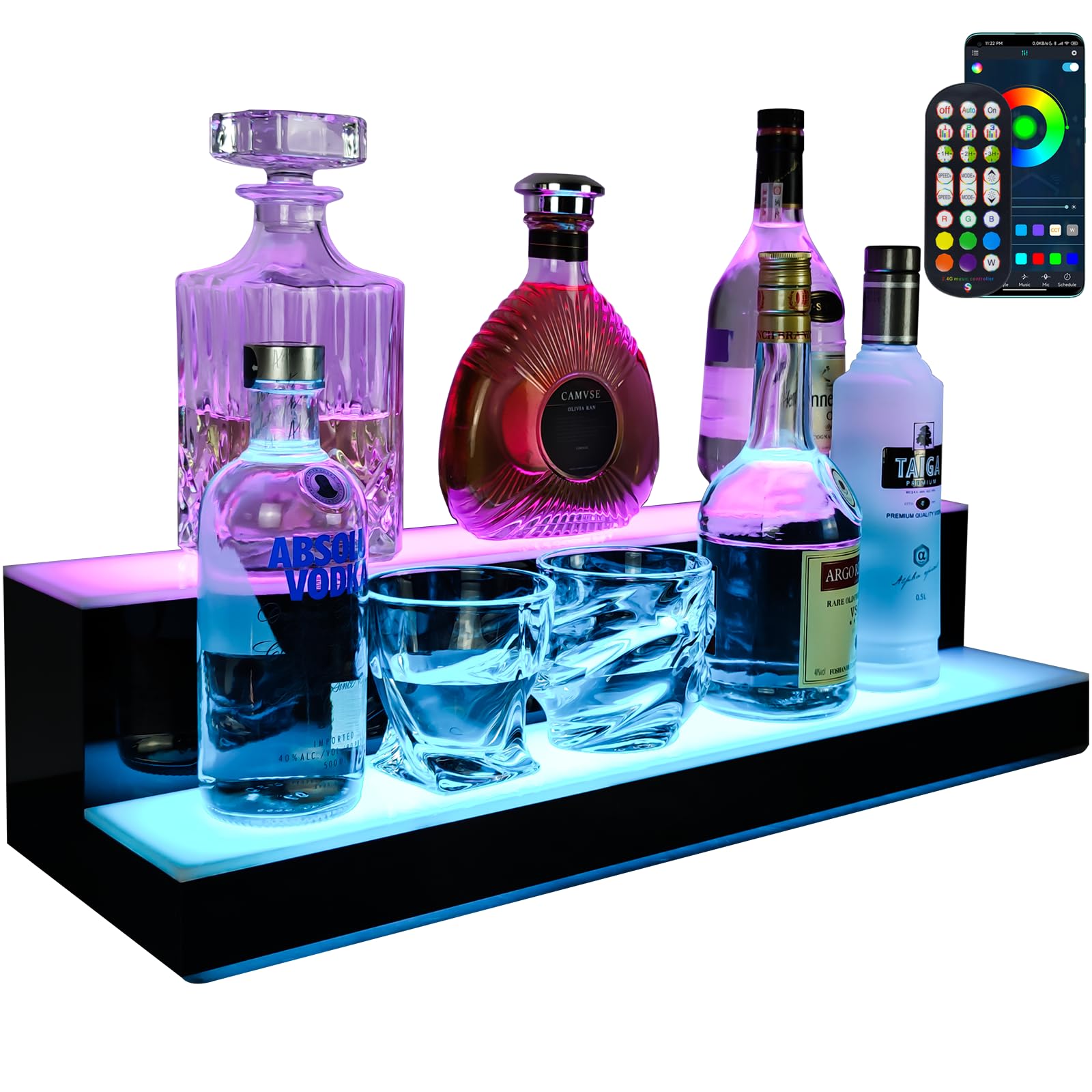 GOH&FTY 24-Inch 2-Tier LED Lighted Liquor Bottle Display Shelf with Wireless Remote & Multicolor Lighting - Modern Bar Shelf for Home, Restaurants, and Party Decor - Perfect for Whiskey, Wine, and Spirits Showcase