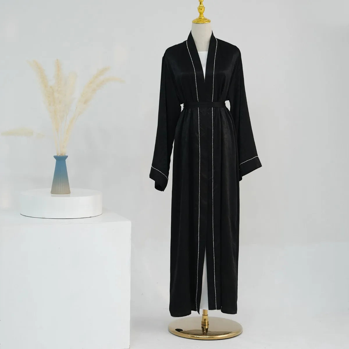 Elegant Muslim Women's Satin Cardigan Open Abaya Dress - Modest Islamic Prayer Dress for Home & Mosque