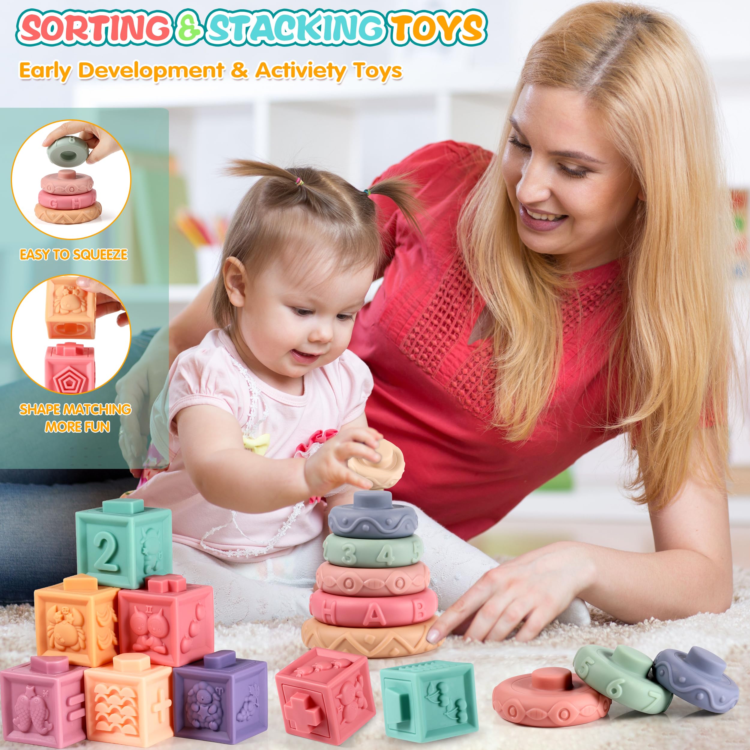 Montessori Toys for Babies 6-12 Months | 6-in-1 Educational Baby Toys Set with Sensory Bin, Pull String & Stacking Blocks | Developmental Learning Toys for 6-18 Month Olds | Perfect Gift for 1-2 Year Old Toddlers | Great for Sensory Play, Motor Skills & Early Learning at Home