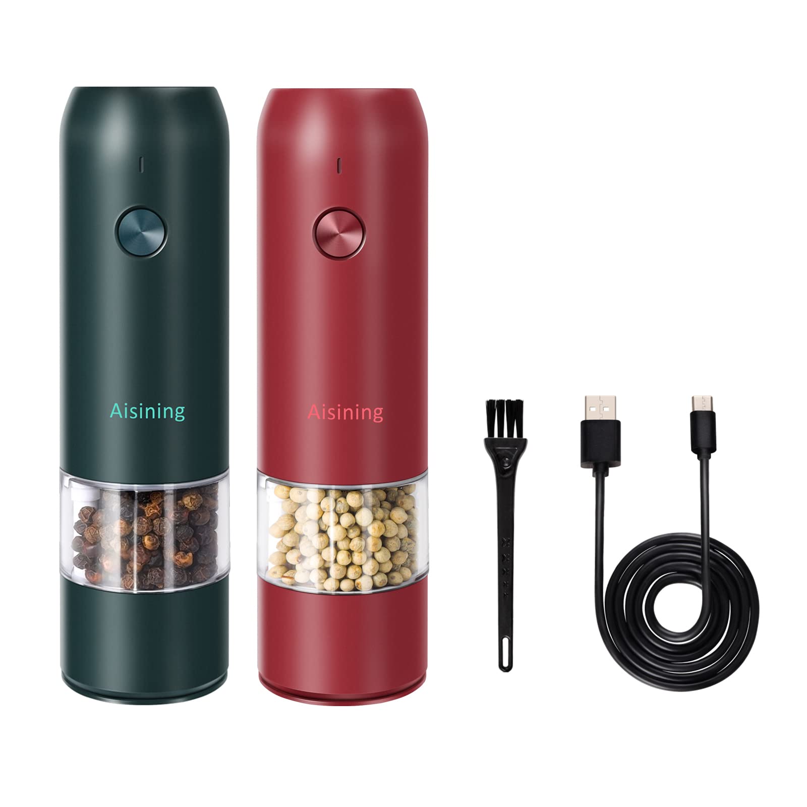 Aisining Electric Salt and Pepper Grinder Set - USB C Rechargeable Automatic Spice Mill with Adjustable Coarseness, One-Hand Operation & LED Light (2-Pack, Red & Green) - Perfect for Kitchen, Dining Table, Camping & Gifts
