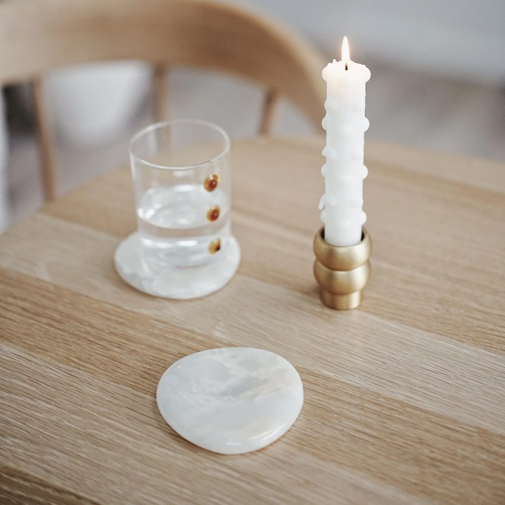 Premium White Onyx Coasters Set of 2 - Natural Stone Drink Coasters for Coffee Table, Bar, Dining & Home Decor - Elegant BLACK BLAZE Stone Coasters for Wine Glasses & Hot Beverages