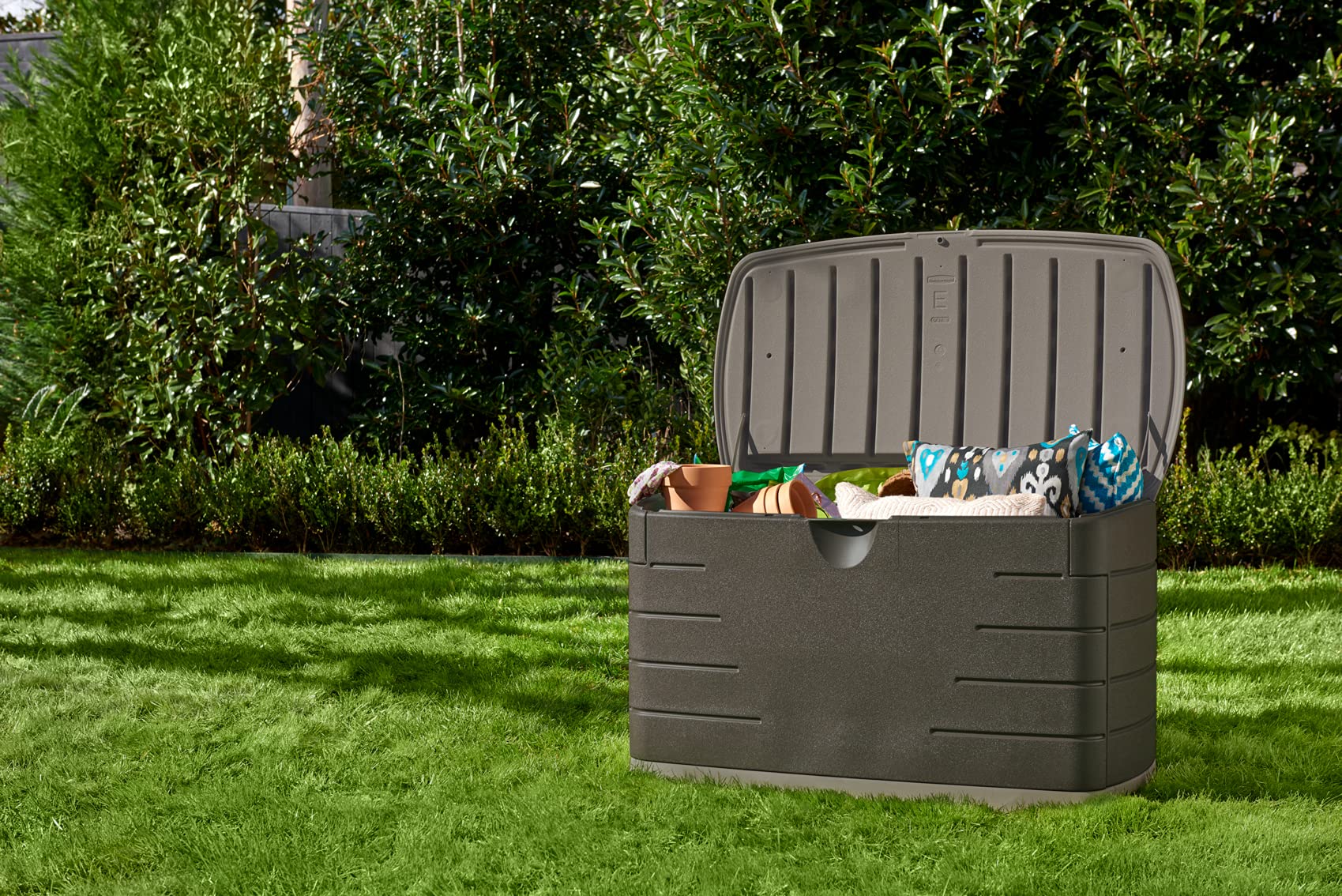 Rubbermaid 73 Gallon Medium Resin Outdoor Storage Deck Box - Weatherproof Brown Deck Organizer for Patio, Backyard & Pool - Perfect for Storing Garden Tools, Pool Chemicals, Toys & Patio Cushions | Ideal for Home Organization & Outdoor Storage Solutions
