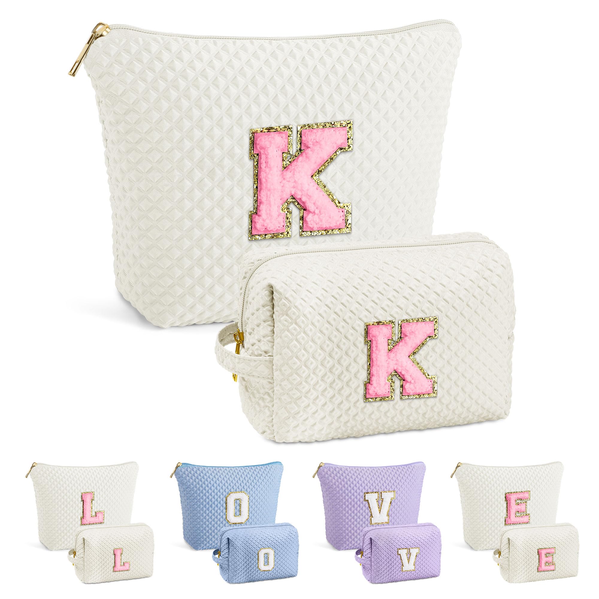 YOOLIFE Personalized Monogram Initial Makeup Bag for Women - Cute Cosmetic Travel Toiletry Pouch, White Makeup Organizer for Daily Use, Gifts & Travel Essentials