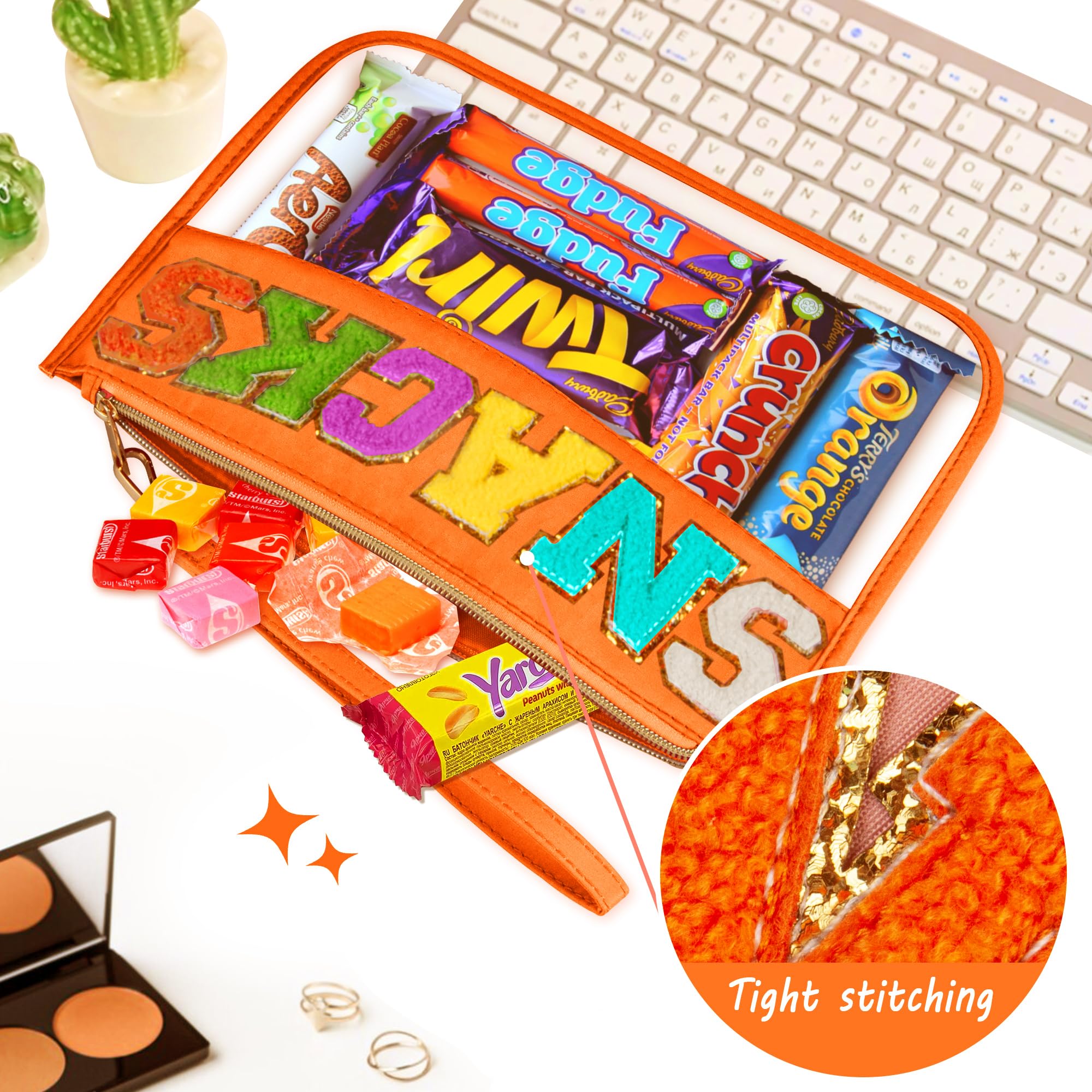 Cute Orange Chenille Letter Clear Bag - Waterproof Transparent PVC Cosmetic & Snacks Pouch with Zipper | Portable Travel Makeup Organizer for Women | Perfect for Gym, Beach, School & Airplane Travel
