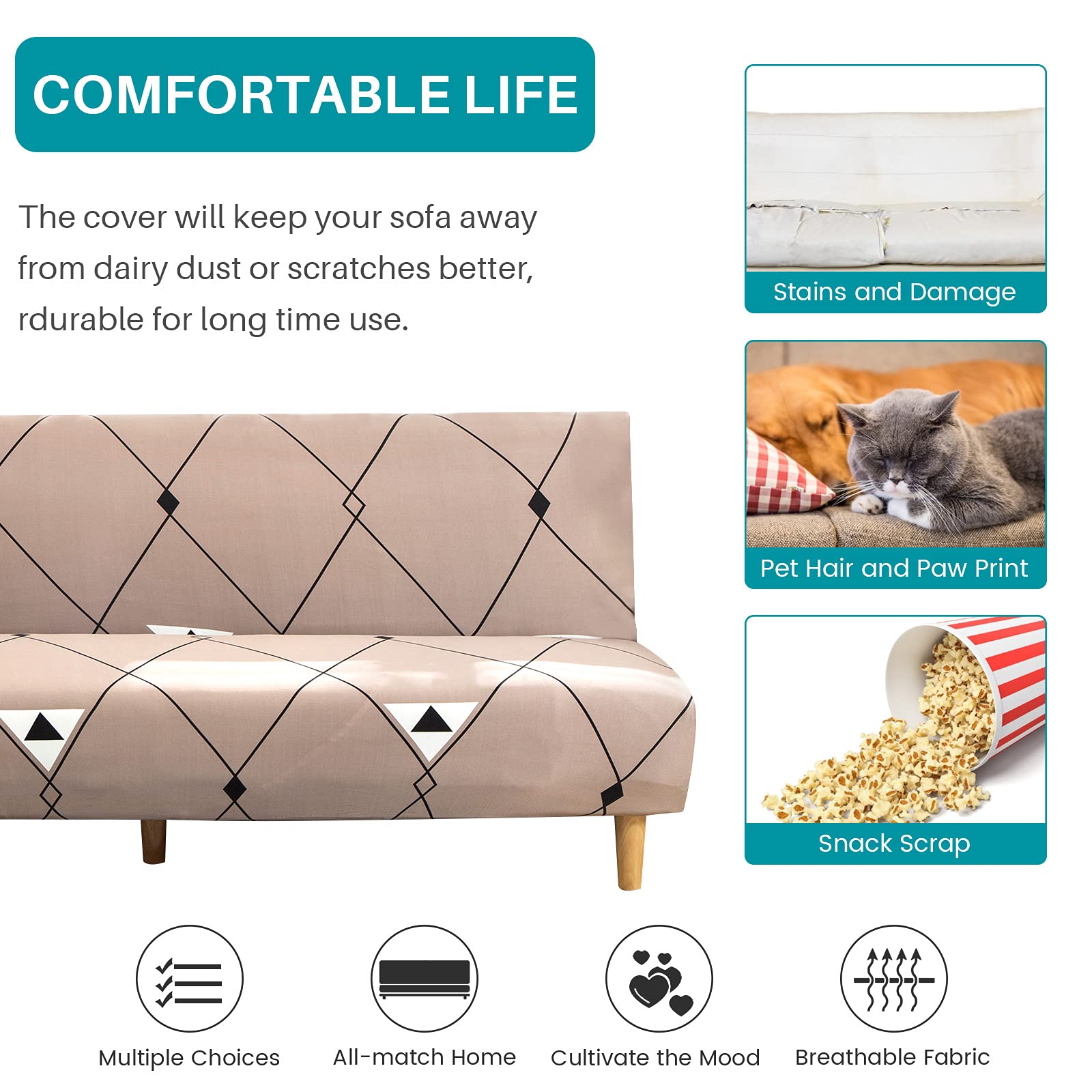 Beacon Pet Stretch Sofa Slipcover - Armless Futon Cover with Printed Design, Elastic Polyester Spandex Fabric, Washable Furniture Protector for Folding Couches - Perfect for Pet Owners, Living Rooms & Small Spaces