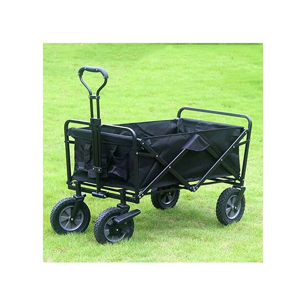 Foldable Collapsible 4-Wheel Shopping Wagon Cart with Push Handle - Portable Grocery Trolley for Supermarket, Picnic, Beach, Camping & Home Storage (Black)