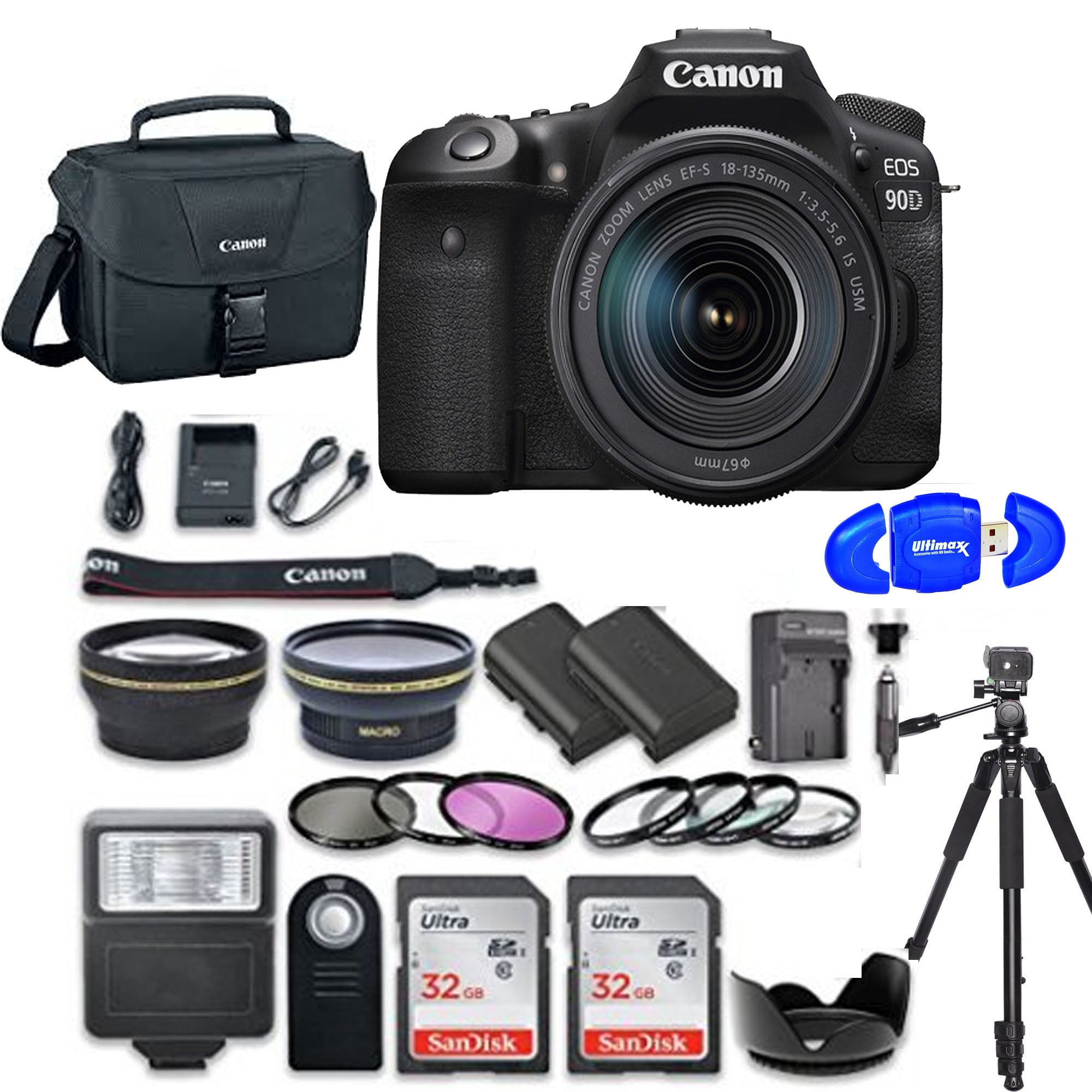Canon EOS 90D DSLR Camera with 18-135mm Lens Kit - Includes 2x SanDisk 32GB Memory Cards, Camera Case, Tripod & Accessories for Photography, Vlogging & Travel