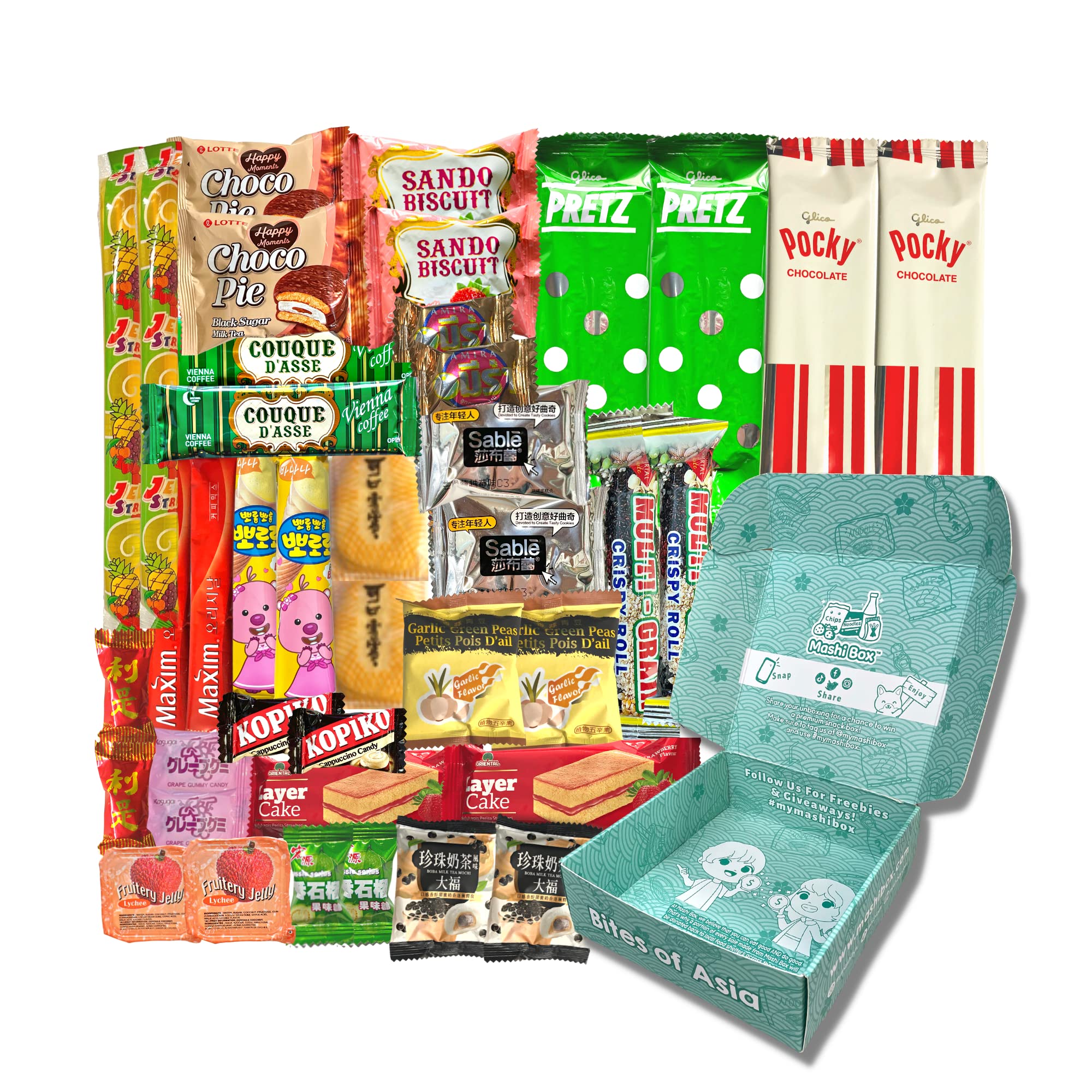 Mashi Box Asian Snack Box - 40 Count Variety Pack of Japanese, Korean, Chinese, Taiwanese & Vietnamese Snacks | Sweet & Savory Treats for Parties, Office Snacking & Cultural Food Exploration