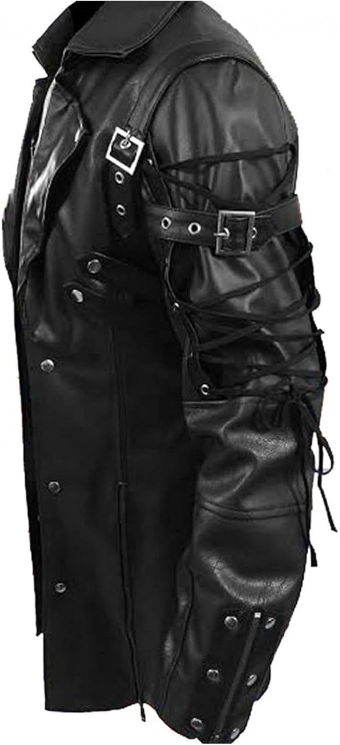 Men's Real Black Leather Gothic Trench Coat - Steampunk Matrix Style Jacket for Goth Fashion & Cosplay | Perfect for Halloween, LARP, and Dark Aesthetic Outfits
