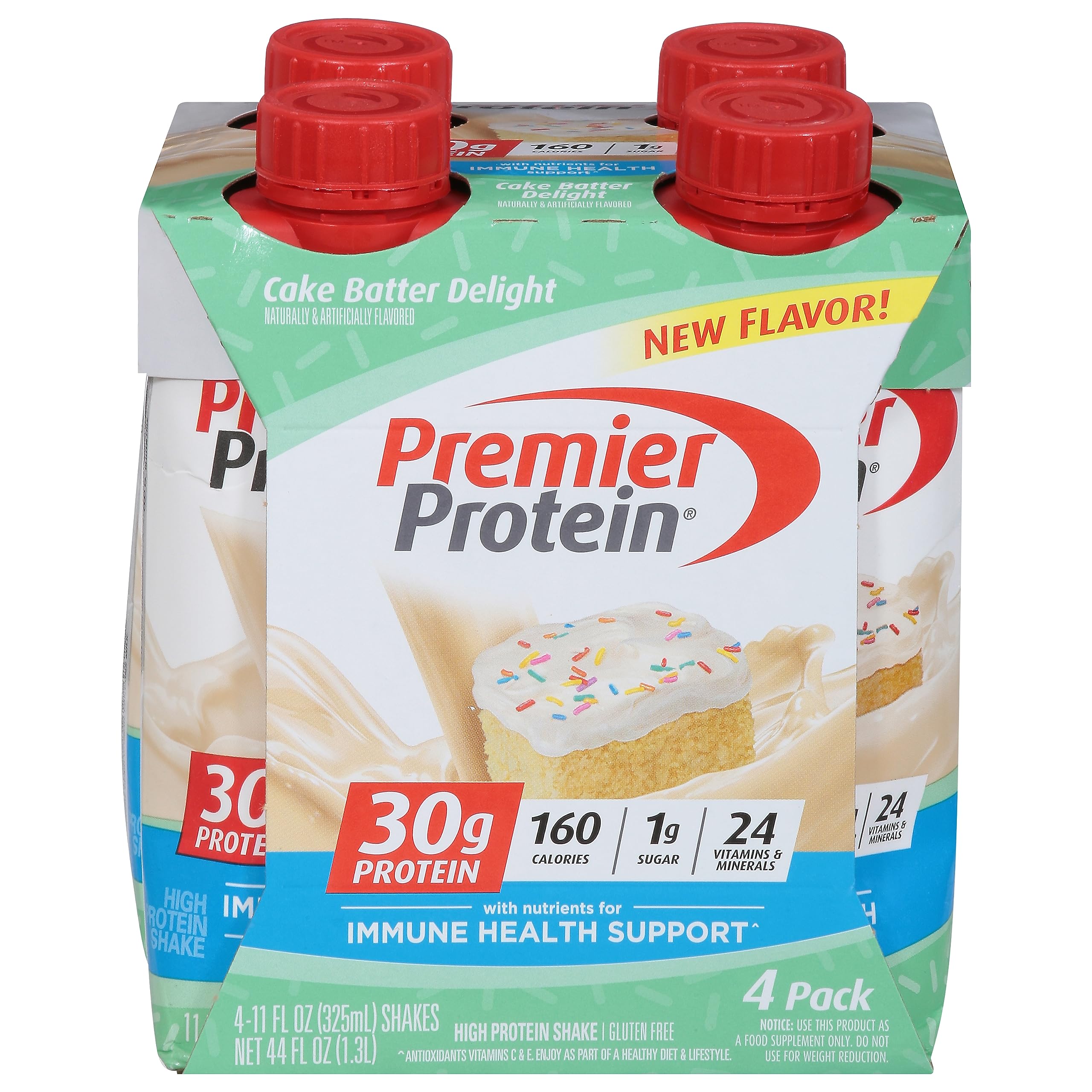 Premier Protein Shake - Cake Batter Flavor, 30g Protein, 1g Sugar, 24 Vitamins & Minerals, Immune Support, 11oz (4 Pack) - Perfect for Post-Workout Recovery, Meal Replacement & On-the-Go Nutrition