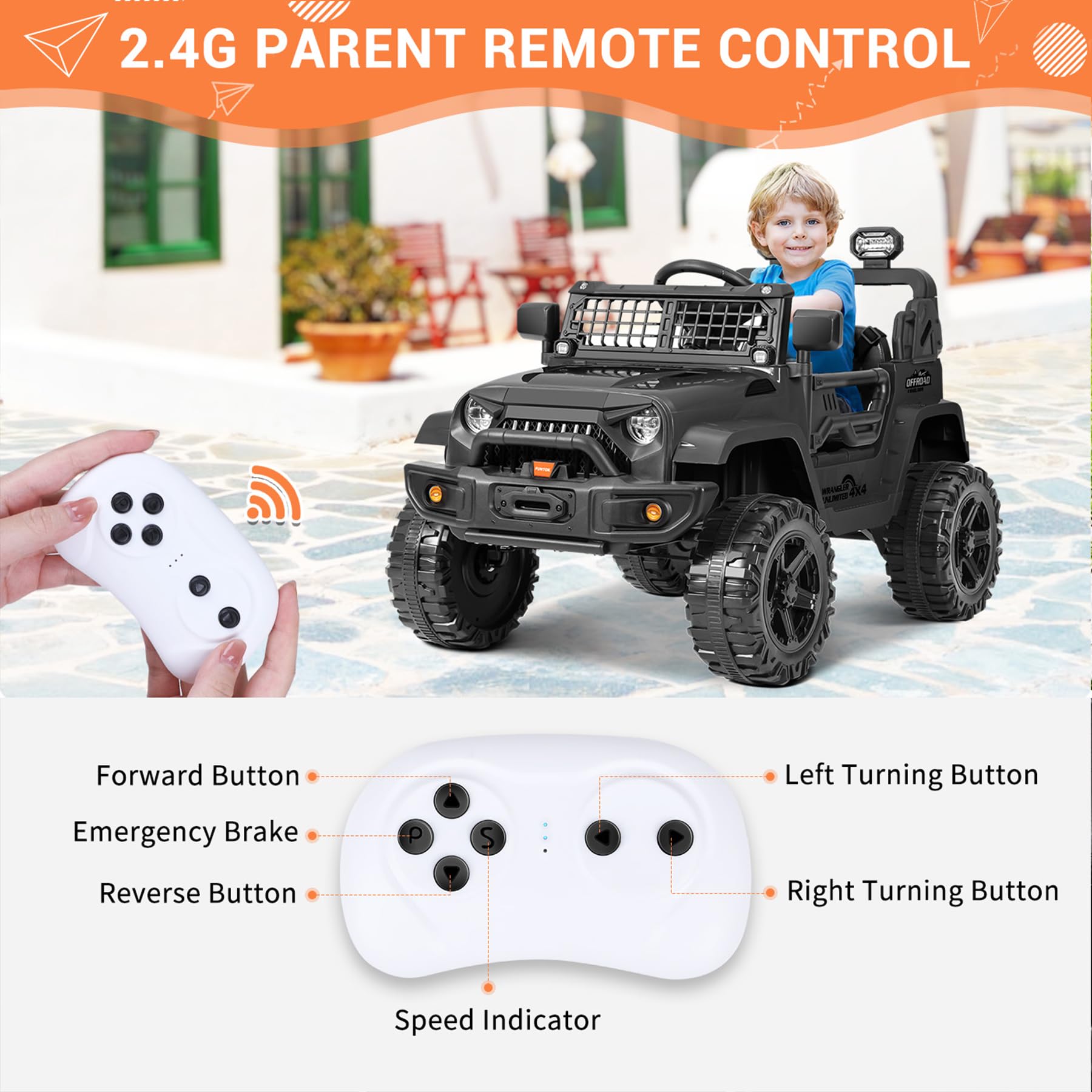 Kimbosmart 12V Kids Electric Ride-On Car with LED Lights, Horn, Radio & USB/AUX/MP3 - Black | Fun Outdoor Toy Vehicle for Toddlers & Children | Perfect for Birthday Gifts, Backyard Play & Park Adventures