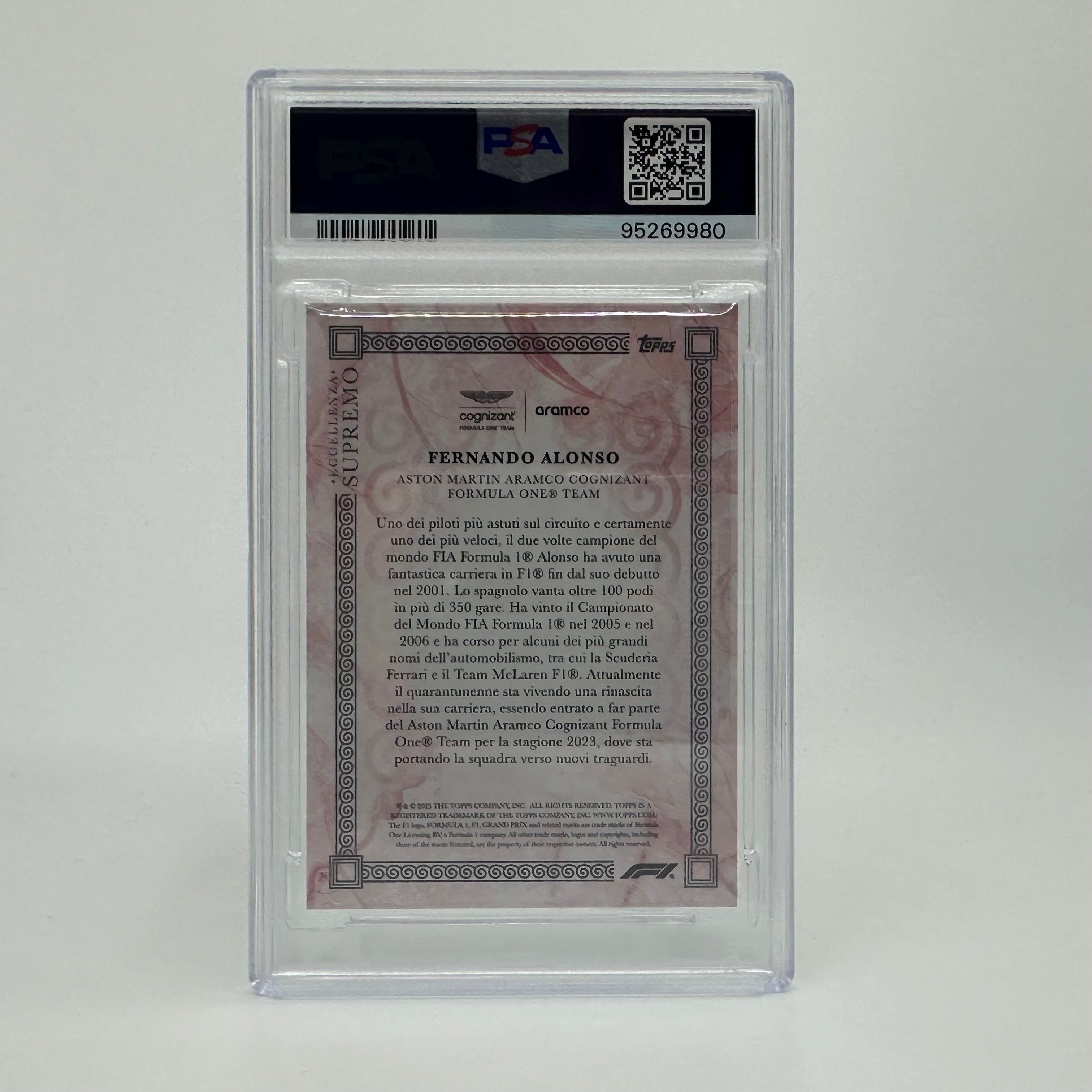 PSA 8 Graded 2023 Topps Eccellenza Supremo Fernando Alonso Red 01/10 - Rare Collectible Trading Card for Sports Memorabilia & F1 Racing Fans