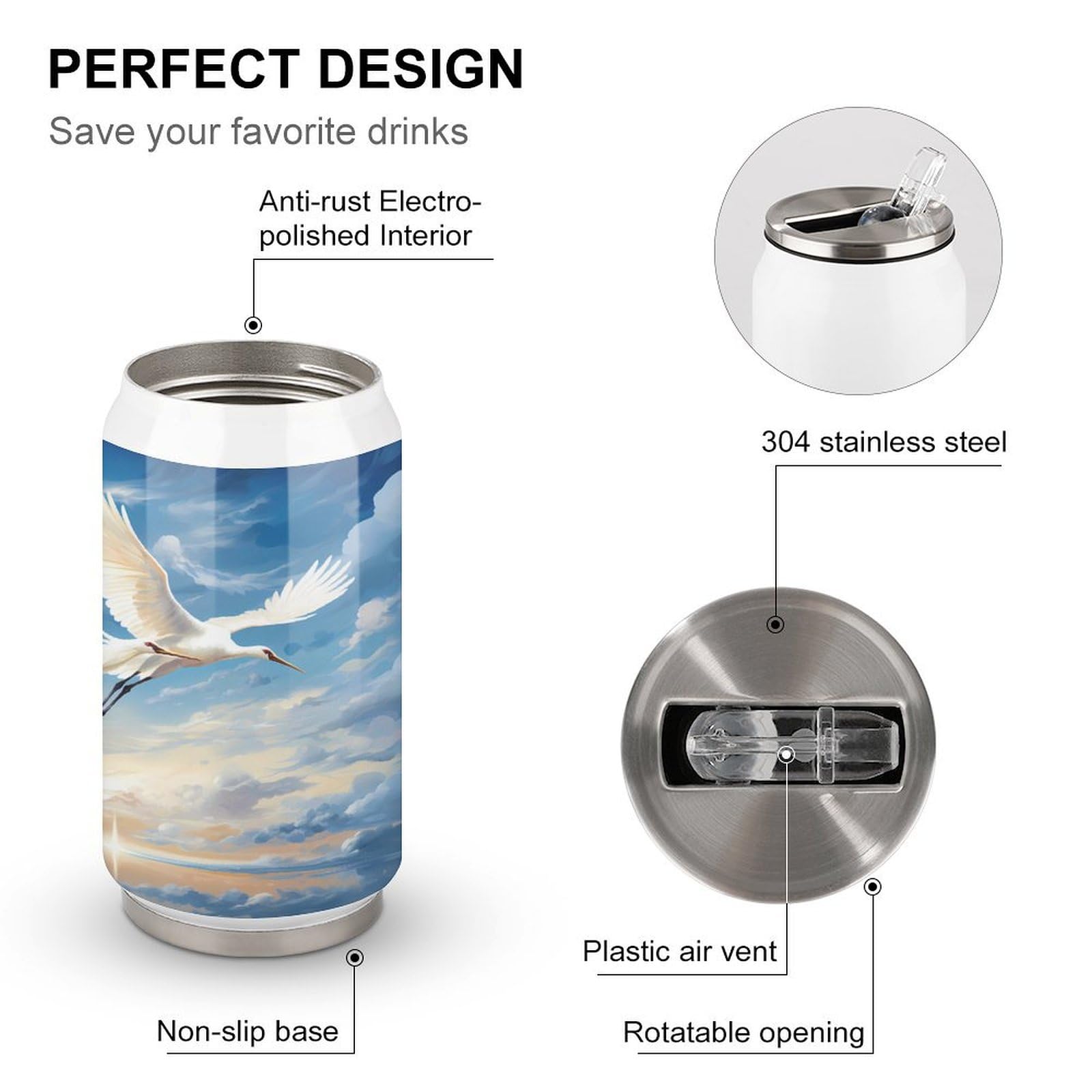 Stainless Steel Insulated Tumbler with Flip Lid - Cranes Birds Flying Sky Travel Design - Hot/Cold Coffee Mug for Home, Office & Outdoor Use - Perfect for Camping, Commuting and Gifts