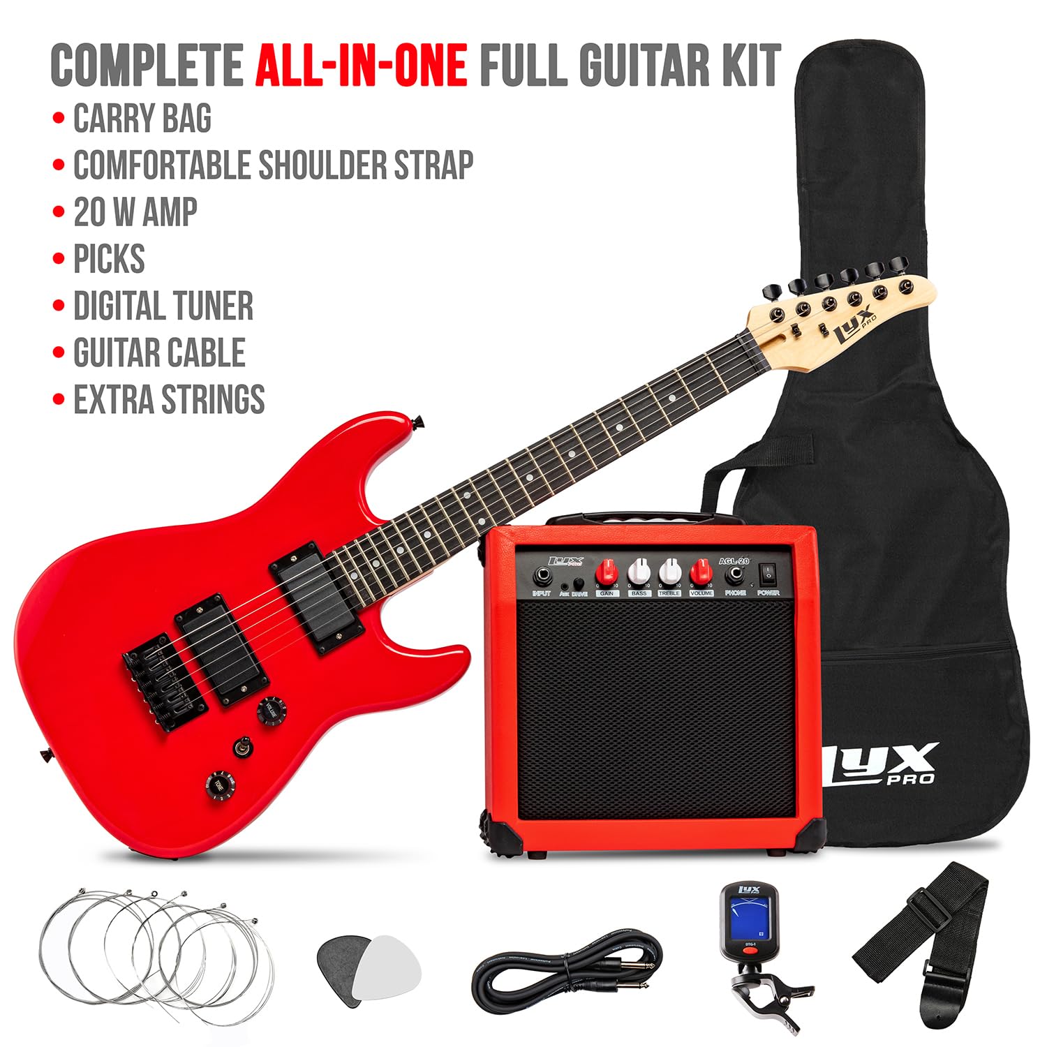 LyxPro 36 Inch 3/4 Size Electric Guitar Starter Kit for Kids & Beginners - Includes Amp, 6 Strings, 2 Picks, Shoulder Strap, Digital Tuner, Cable & Gig Bag (Red) - Perfect for Learning, Practice & Home Performances
