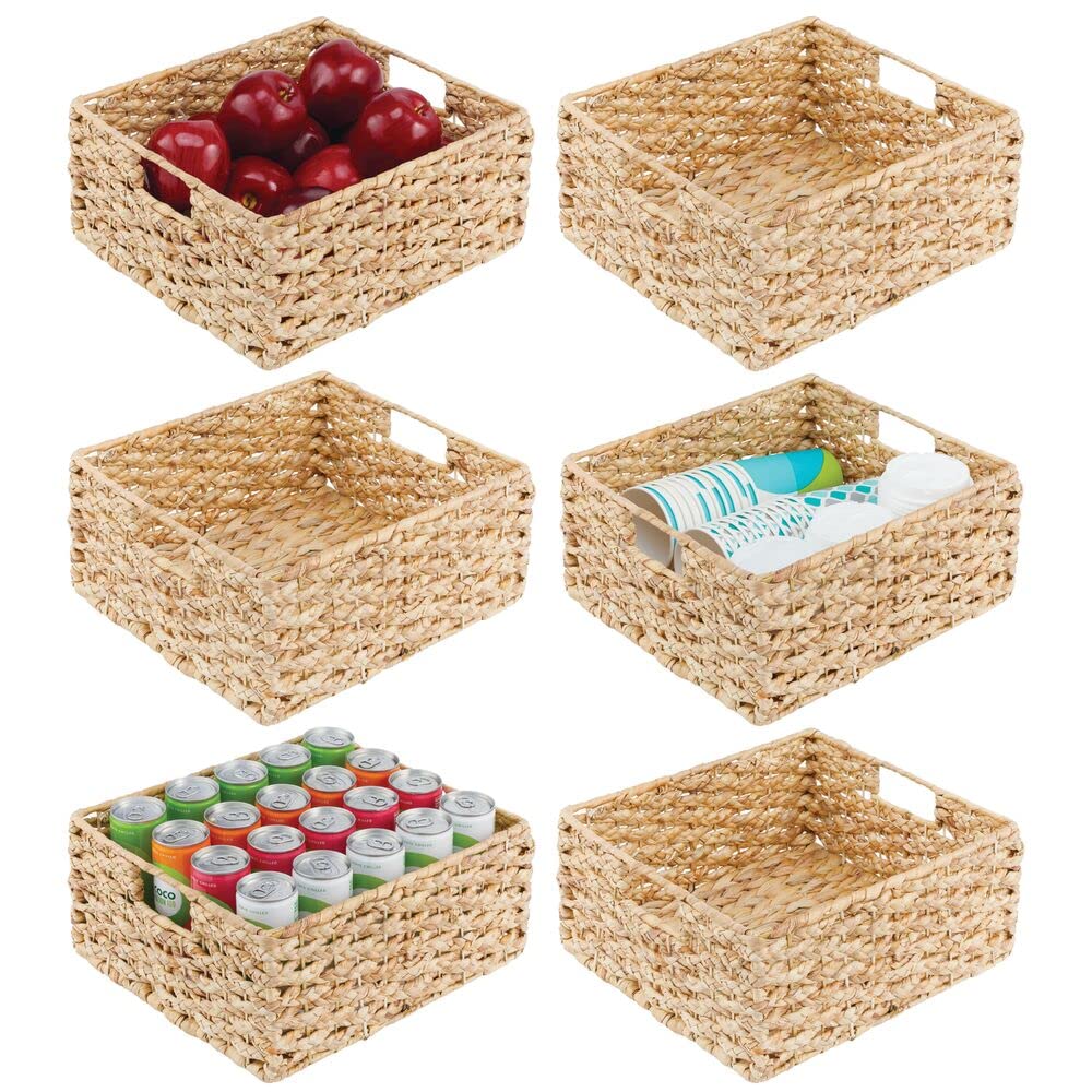 mDesign Natural Water Hyacinth Braided Storage Baskets - 6 Pack Kitchen Organizer with Chalkboard Labels for Pantry, Vegetables, Snacks & Pasta - Food Safe Woven Bins for Home, Office & Restaurant Organization