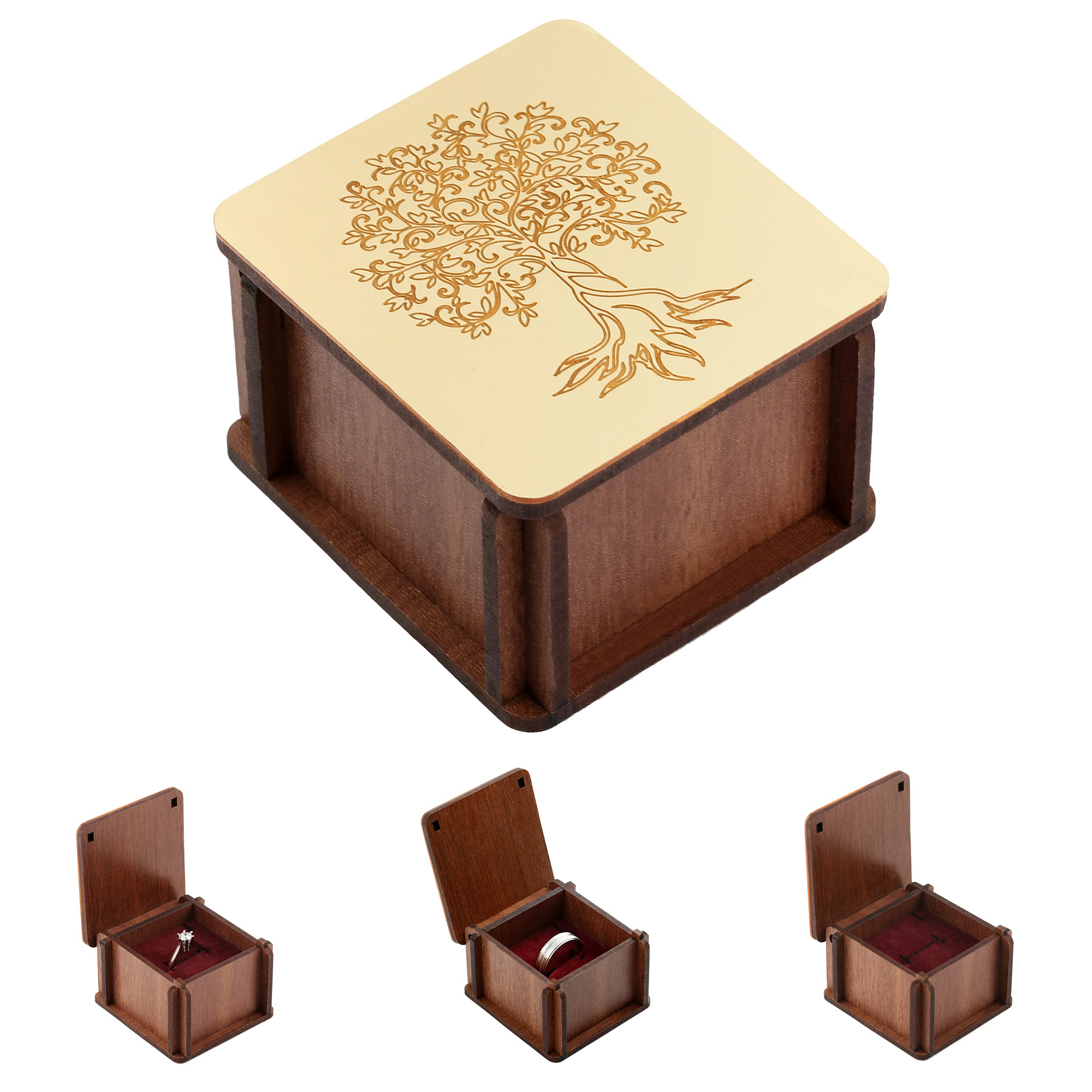 Lucce Wooden Ring Box for Proposal - Slim Small Engagement Ring Box with Golden Mirror Effect & Tree of Life Pattern - Rustic Wedding Decor for Ceremony, Jewelry Gift Box - Wooden Storage Box for Engagement, Wedding, Anniversary & Special Occasions