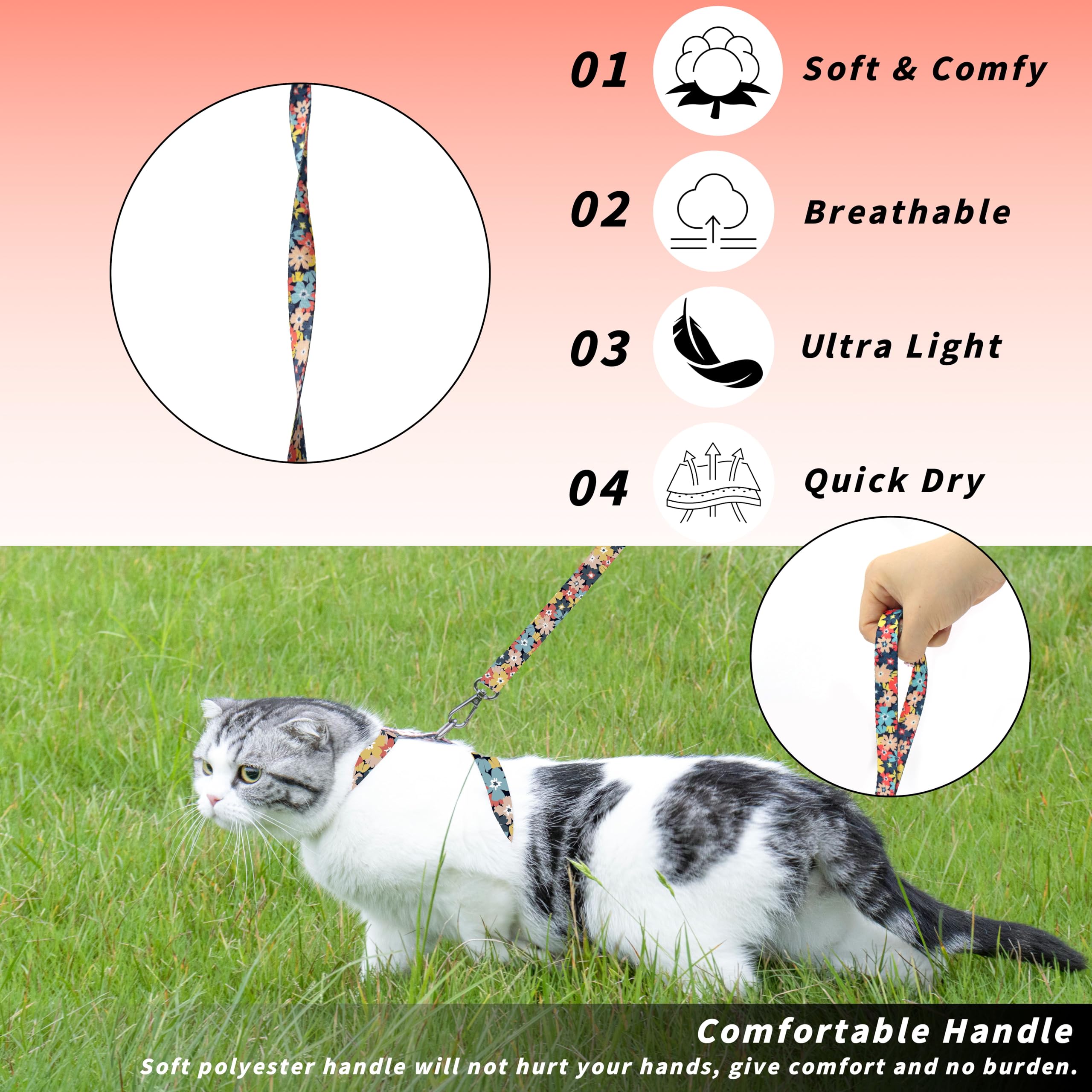 Adjustable Escape-Proof Cat Harness & Leash Set - Soft Lightweight Pet Walking Vest for Small to Medium Cats - Multi-Floral Design - Perfect for Outdoor Adventures, Travel & Daily Walks