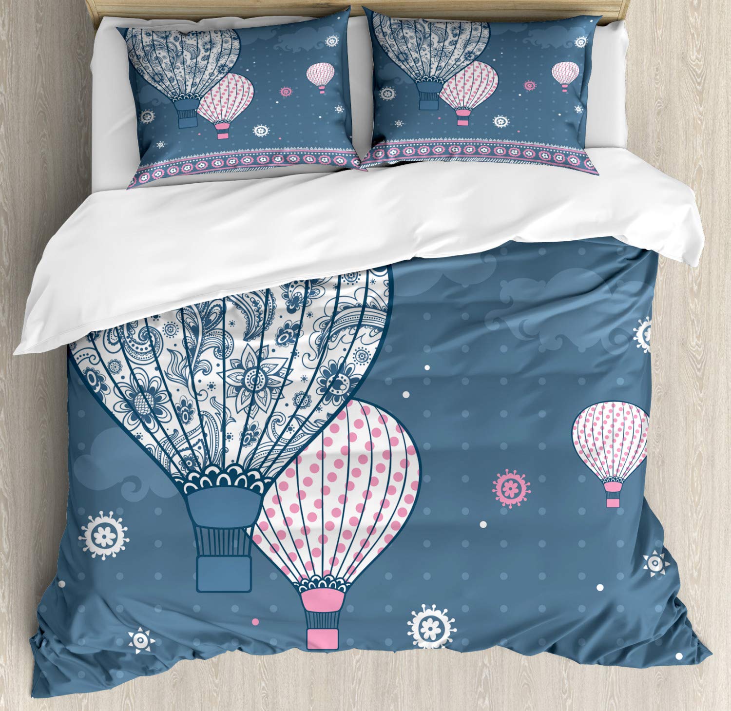 Ambesonne Retro Duvet Cover Set - Air Balloon & Polka Dot Paisley Print 3-Piece Bedding with 2 Pillow Shams, California King Size, Slate Blue & Pale Pink | Vintage Home Decor for Bedroom, Guest Room & Dorm