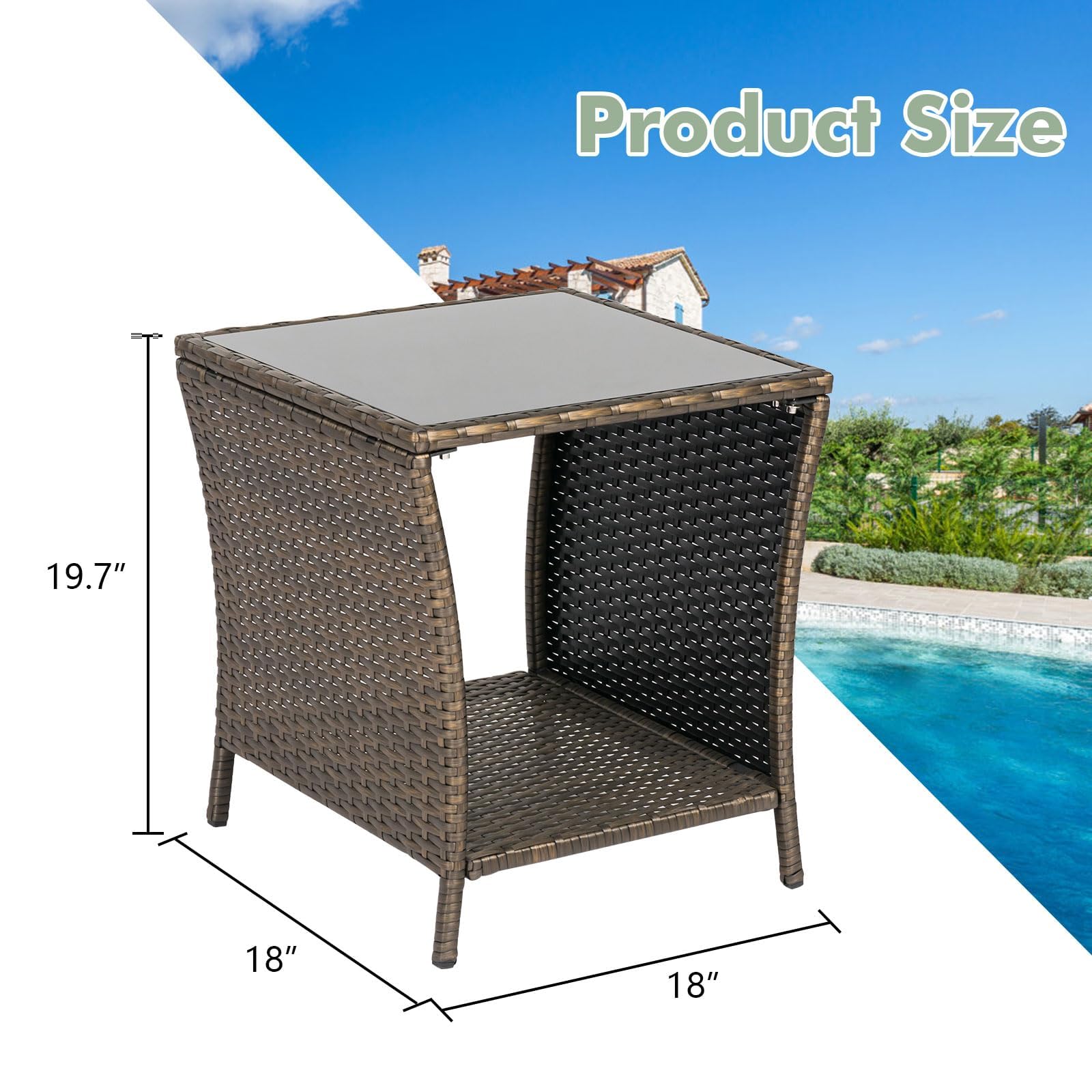 Kinbor Outdoor Side Table - Small Wicker End Table for Porch, Patio, Backyard & Poolside | Weather-Resistant & Easy Maintenance Gold Accent | Perfect for Lounge Chairs, Sunbathing & Outdoor Entertaining