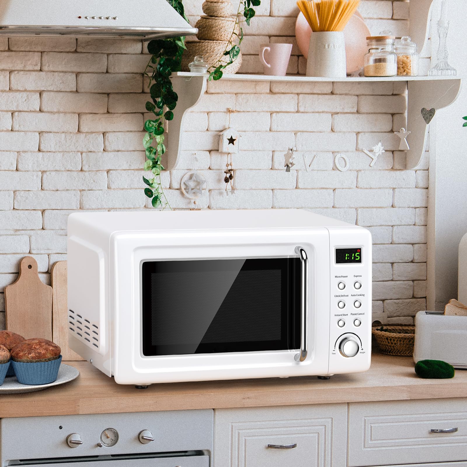 Moccha Compact Retro Microwave Oven - 0.7 Cu.ft 700W Countertop Microwave with 5 Power Levels, Delay Start, LED Display & Child Safety Lock - Perfect for Dorms, Apartments & Small Kitchens (White)