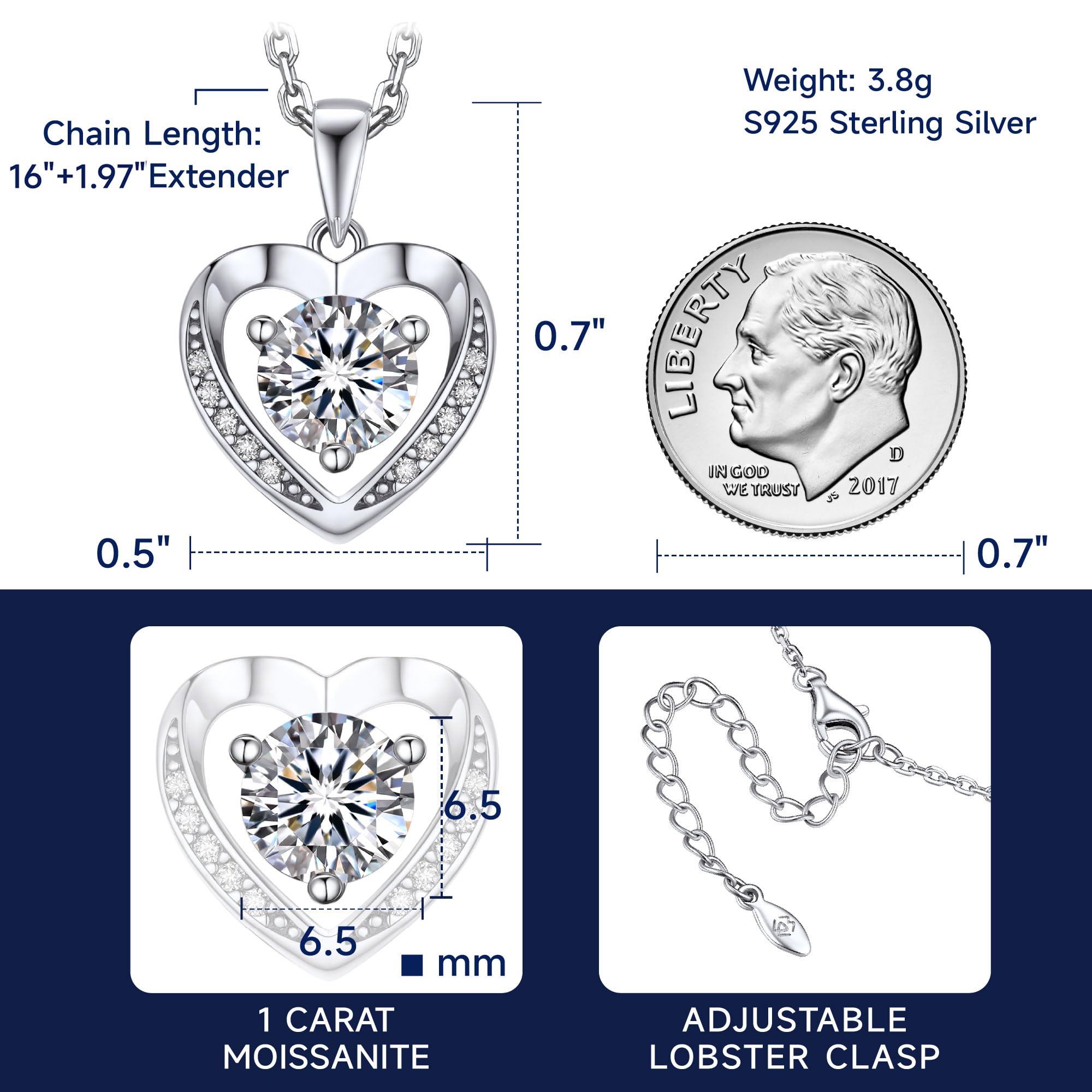 1 Carat Moissanite Heart Necklace for Women - Hypoallergenic 925 Sterling Silver Jewelry, Anniversary Birthday Gift for Wife Girlfriend - Perfect for Valentine's Day, Wedding, Proposal & Special Occasions