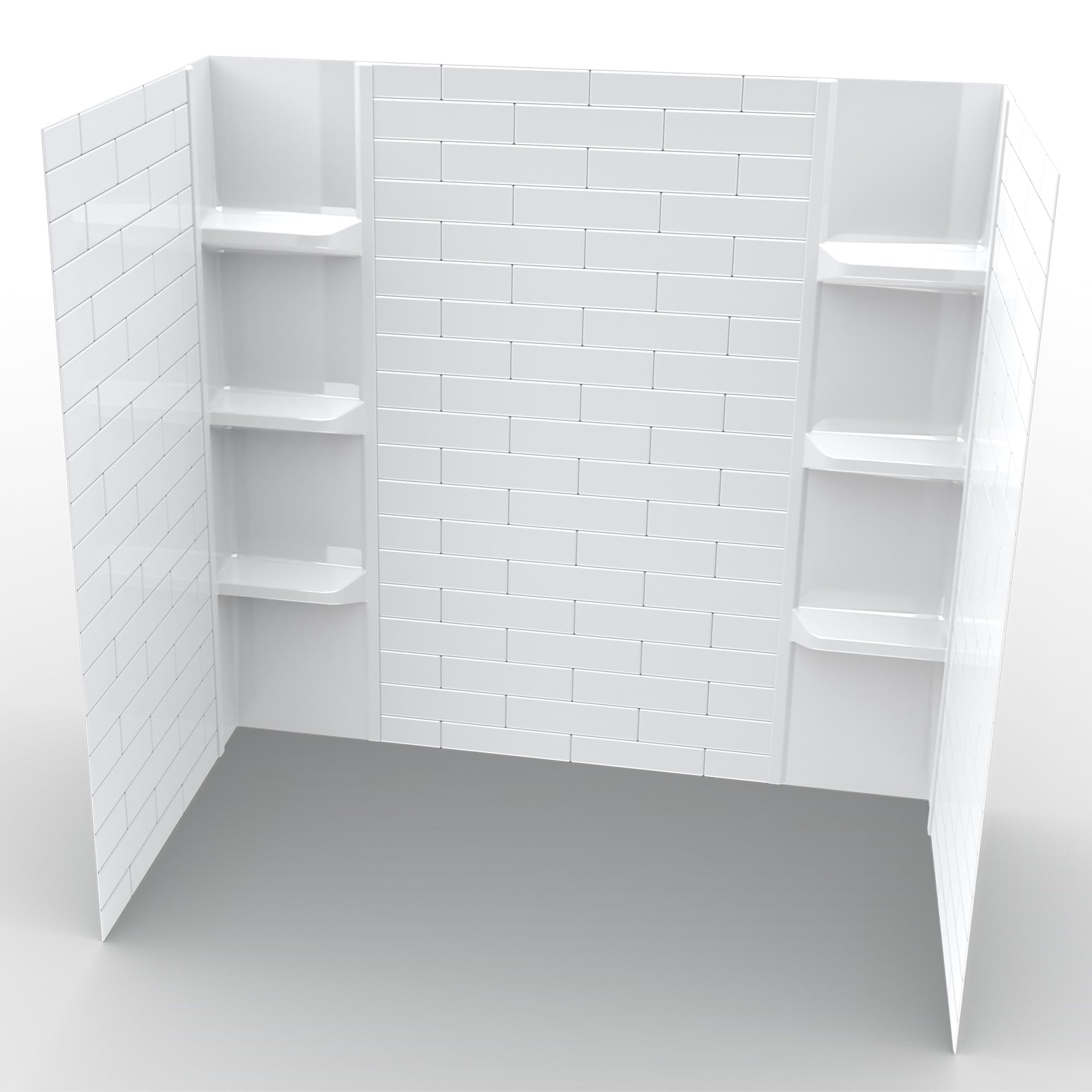 Waterproof Lightweight White Polystyrene Bathtub Wall Surround Panels with Subway Tiles Pattern - Easy-to-Install Kit Includes 2 Shelf Units (58
