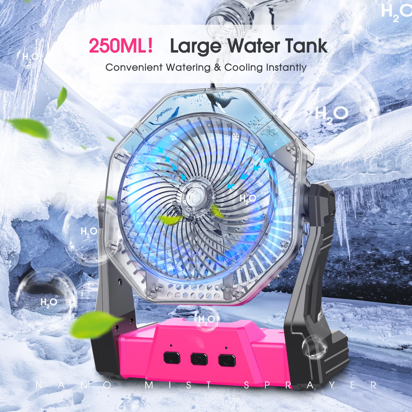 Ausic 8-Inch Portable Misting Fan with 250ml Water Tank & 10000mAh Battery - Rechargeable Outdoor Cooling Fan with Spray, Hook, and LED Light - Perfect for Camping, Beach, Patio, Tent, and Travel Adventures