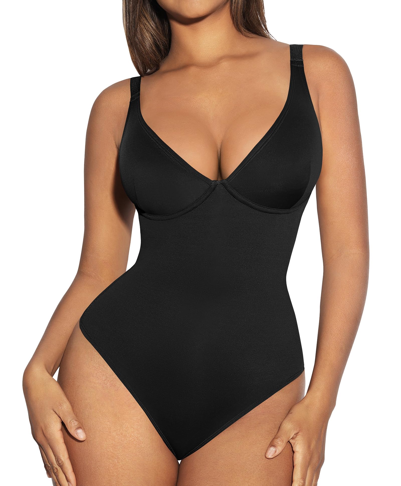 FeelinGirl Women's Tummy Control Shapewear Bodysuit - Deep V Neck Thong Body Shaper for Slimming & Smoothing | Perfect for Dresses, Workout & Everyday Wear