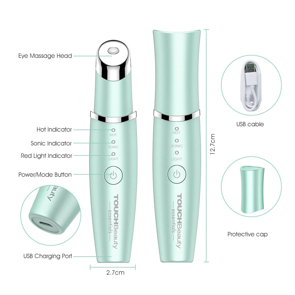 TOUCHBeauty Rechargeable Heated Eye Massager with 42℃ Warm Therapy - Ionic Facial Wand for Dark Circles, Puffiness & Anti-Aging Wrinkle Reduction - Perfect for Relaxation & Skincare Routine (Green)