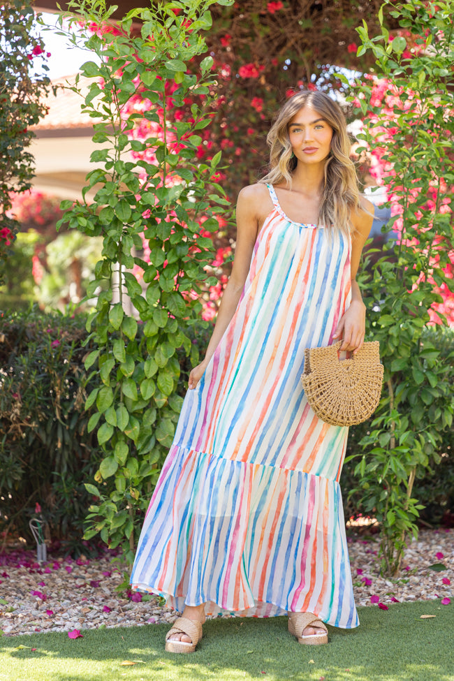 Painting The Sky Multi Watercolor Chiffon Maxi Dress for Women - Flowy Bohemian Beach Dress for Summer Vacations & Date Nights