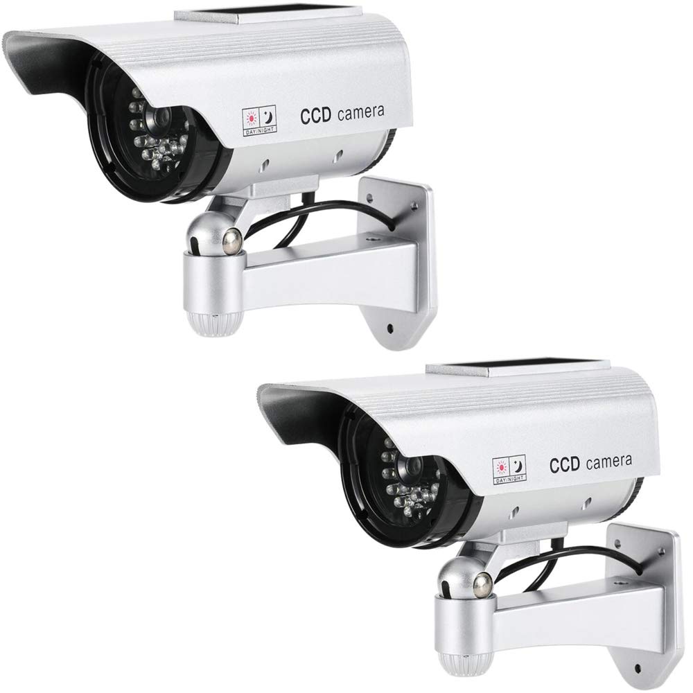 2 Pack Solar-Powered Fake Security Cameras with LED Light - Waterproof Outdoor Dummy CCTV Camera for Home, Yard & Business Deterrent (Day/Night Use)