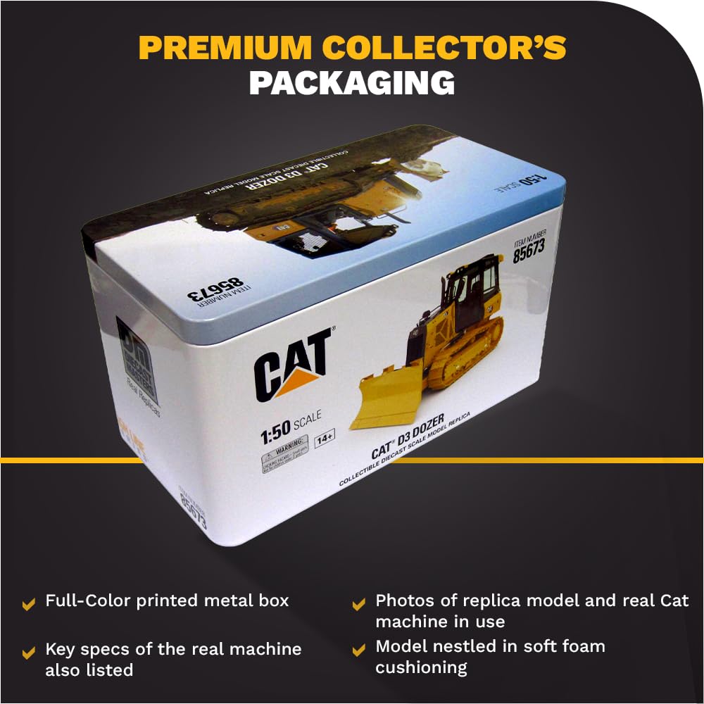 1:50 Scale Caterpillar D3 Dozer Diecast Model by Diecast Masters - High Line Series 85673 with Metal Tracks & Detailed Engine Compartment | Collectible Construction Equipment for Display & Play | Perfect for Model Enthusiasts & Kids' Construction Toy Scenes
