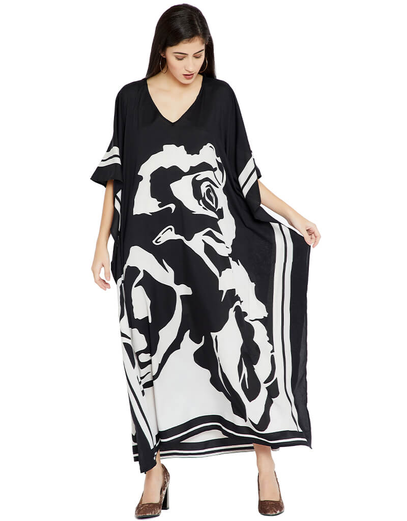 Luxury Black and White Silk Crepe Kaftan Dress - Elegant Flowy Beach Cover Up for Women - Perfect for Vacation, Poolside, and Summer Evenings