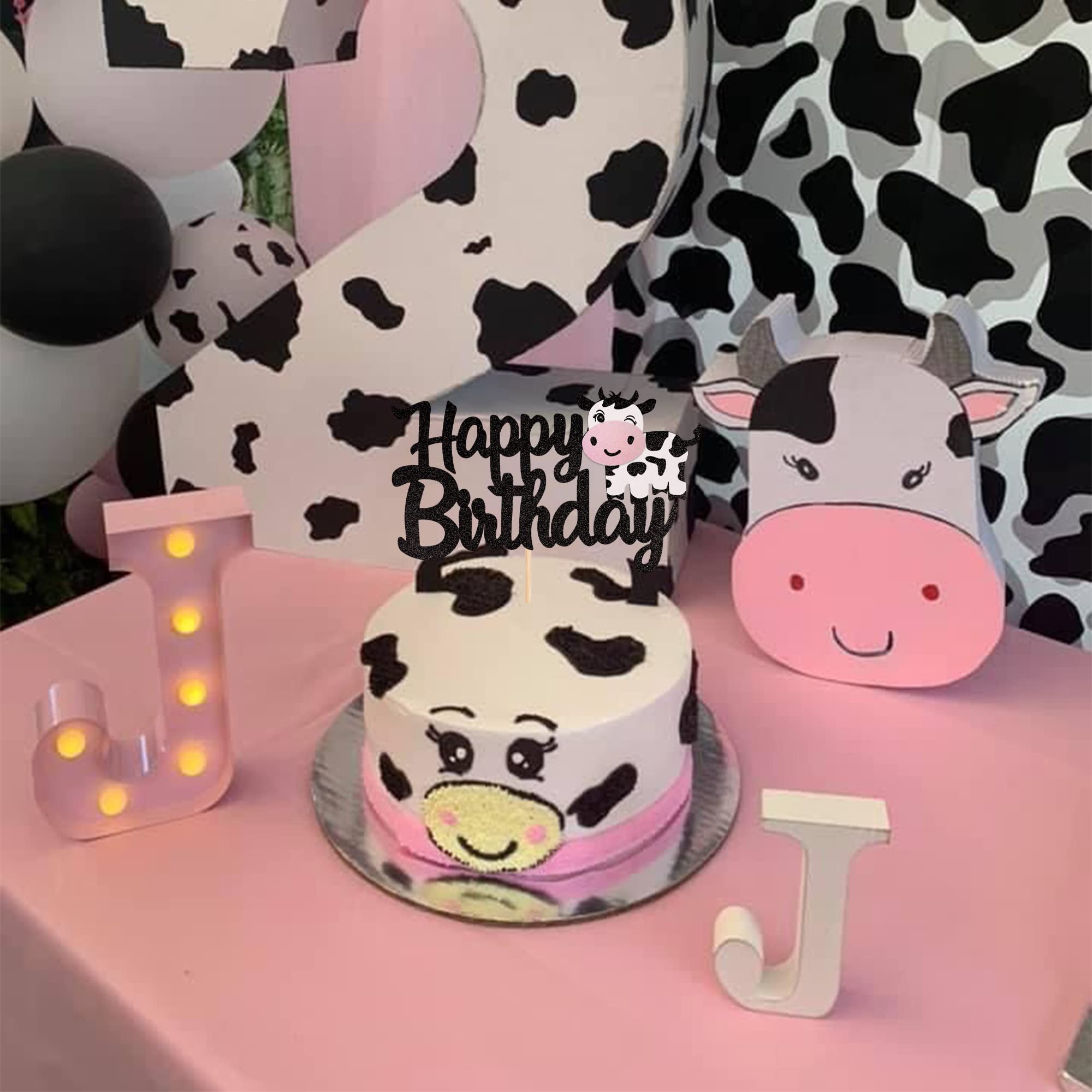 1 PCS Cow Happy Birthday Cake Topper - Glitter Farm Animal Cake Decor for Cow Theme Baby Shower, Kids 1st Birthday Party - Perfect for Boys & Girls Birthday Cakes, Cupcakes and Dessert Table Decorations