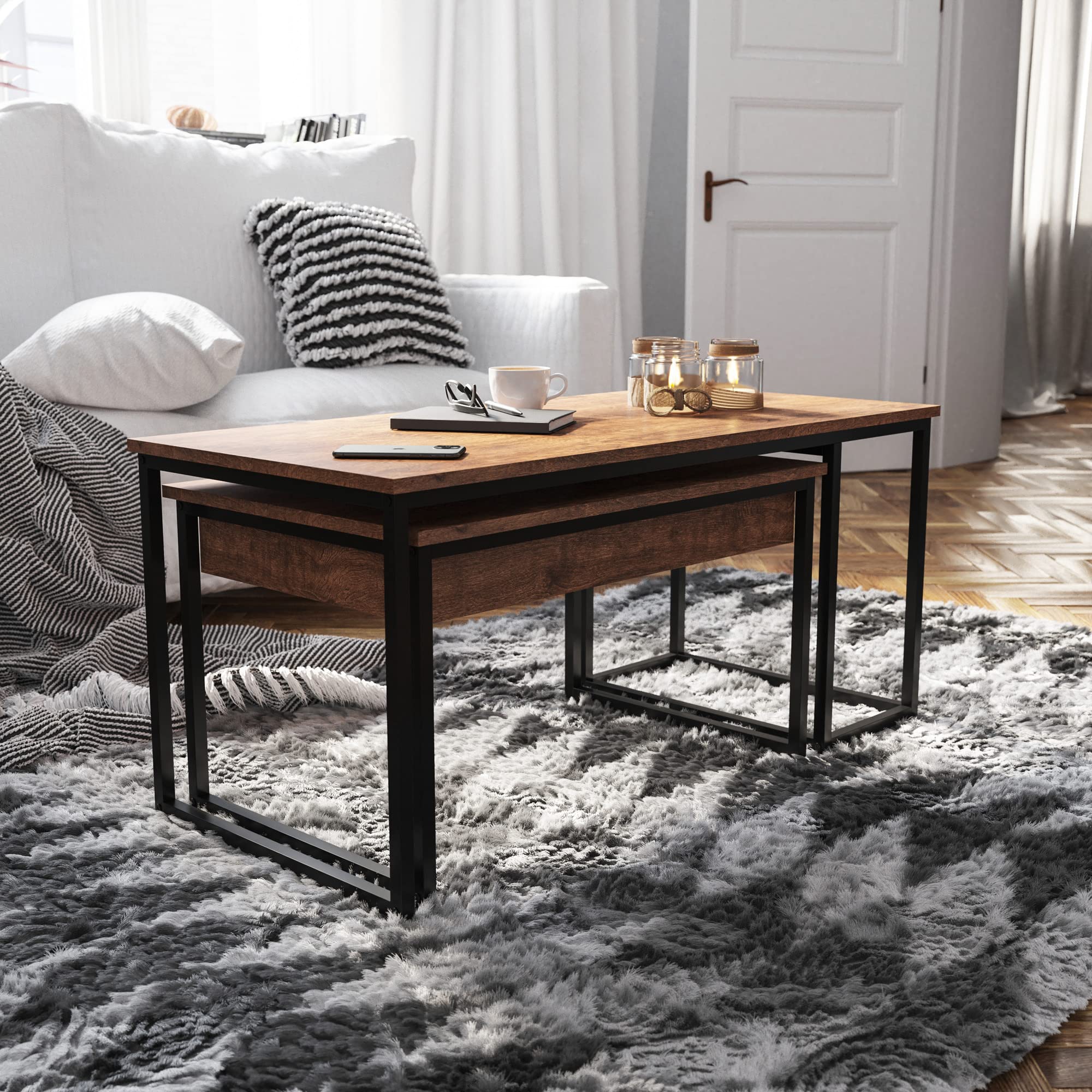 Flash Furniture Emerson 2-Piece Nesting Coffee Table Set with Walnut Engineered Wood Top & Black Sled Base Steel Frames - Includes Storage Drawer for Living Room, Office or Small Space Decor
